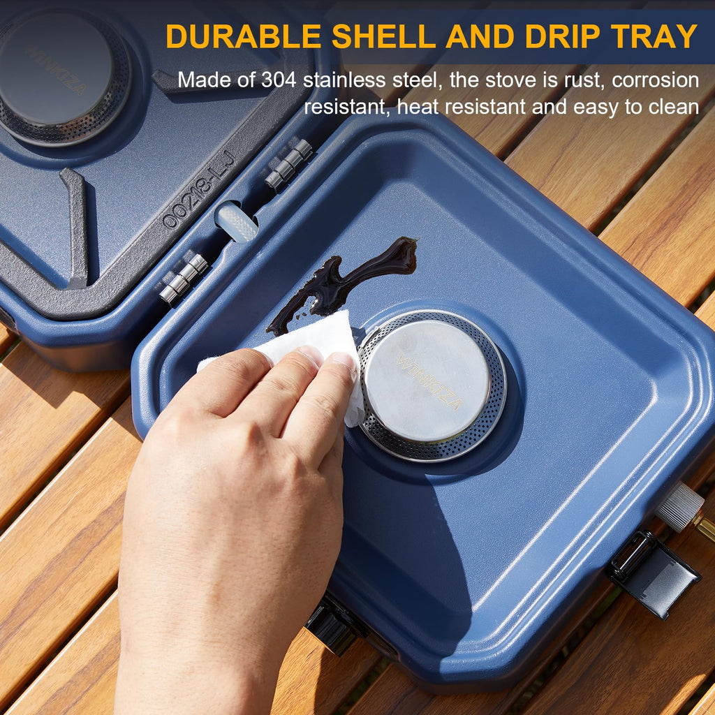 Winkiza 2 Burner Propane Camping Stove With Grill, Foldable Camp Stove With 16,000 Btu, Two Adjustable Burners With Piezo Igniti
