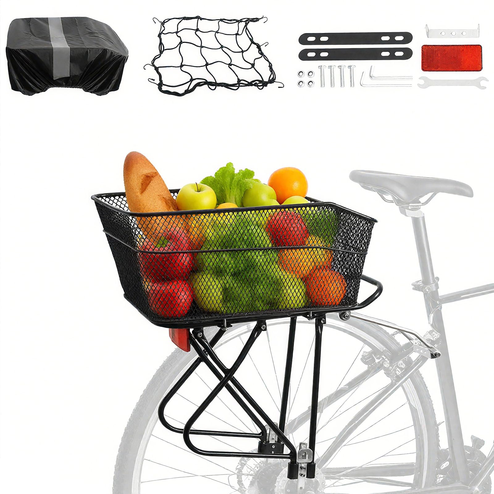YEEGO DIRECT Rear Bike Rack with Basket, Adjustable Detachable Bike Basket Rear, Bike Cargo Rack with 26L Waterproof Cover & Car