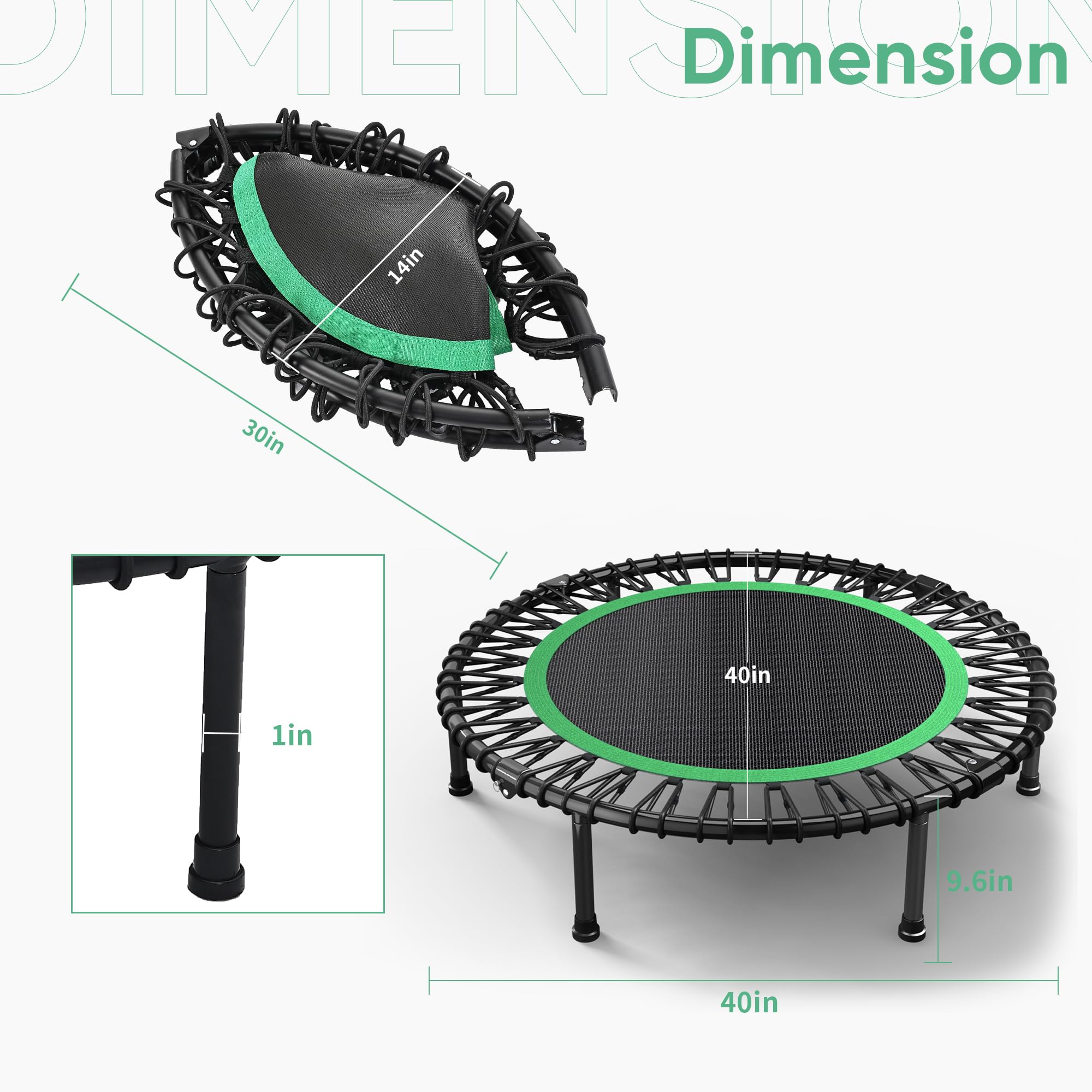 Hyd-Parts 40 Foldable Fitness Trampoline For Adults With 32 Bungee Cords 450Lbs, Portable Exercise Mini Trampoline, Small Reboun