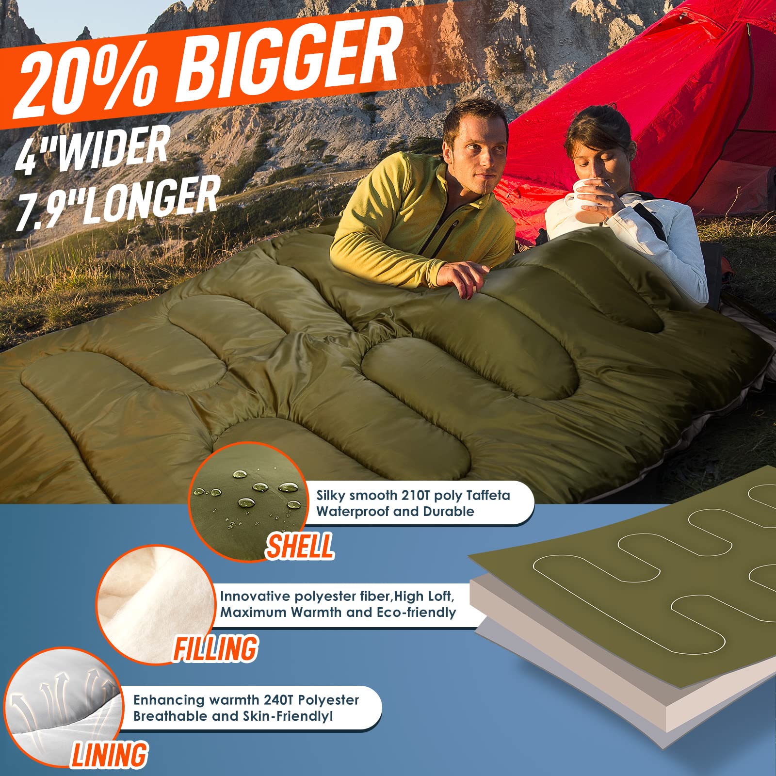 Mereza Double Sleeping Bag For Adults Mens With Pillow, Xl Queen Size For All Season Camping Hiking Backpacking 2/Two Person Sle