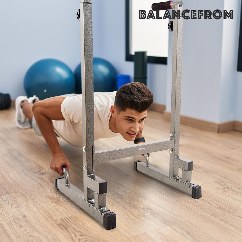 Balancefrom Multi-Function Dip Stand Dip Station Dip Bar With Improved Structure Design, 500-Pound Capacity, Gray