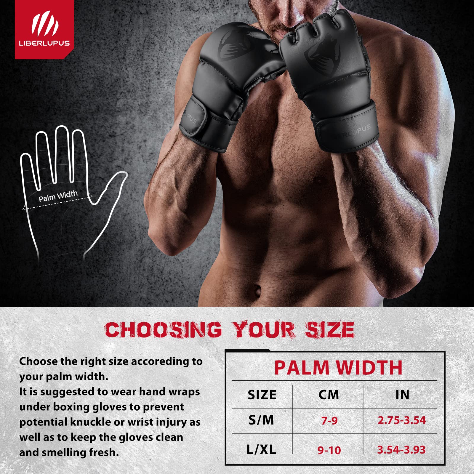 LIBERLUPUS MMA Gloves Sparring for Men- Open Palm Training Gloves for Grappling, Kickboxing, Muay Thai, Youth Self-Defense, Heav