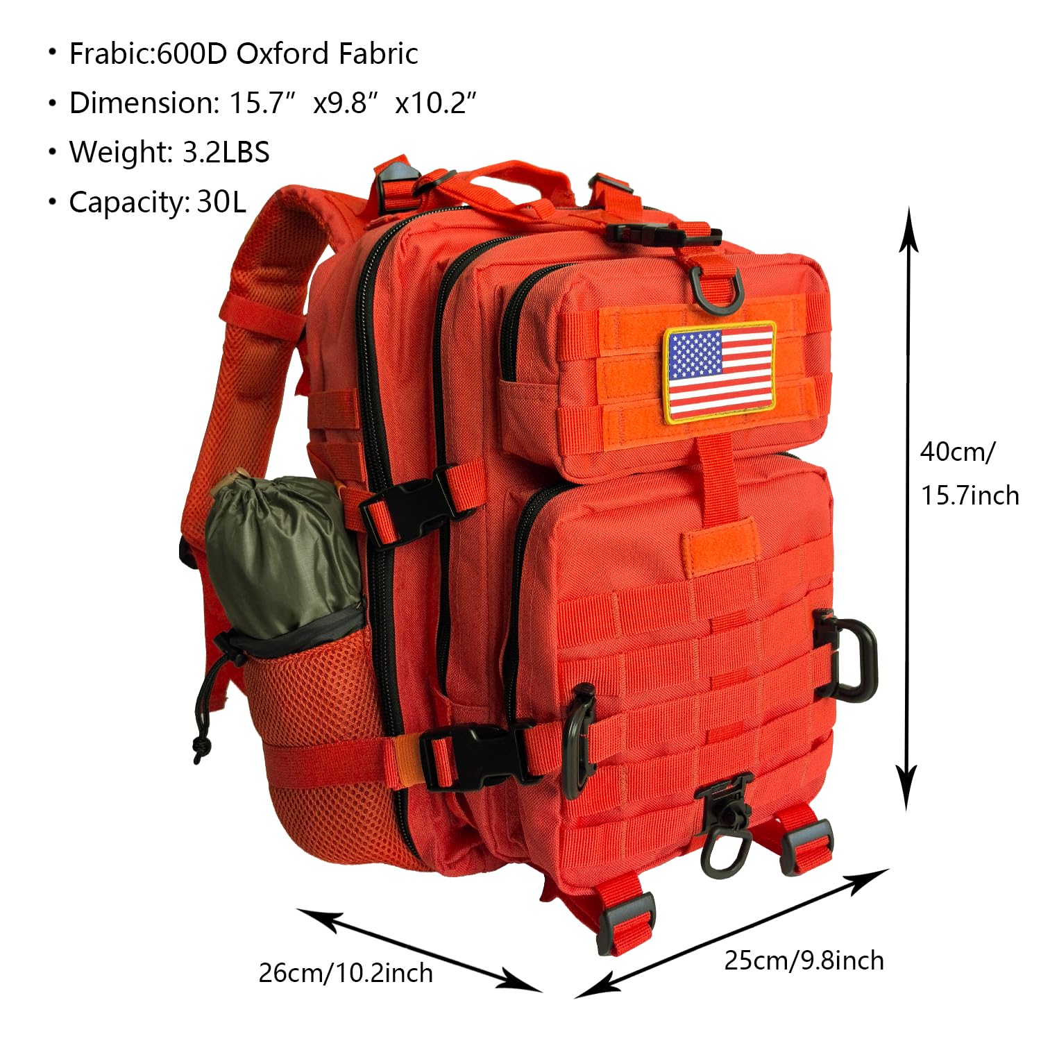 Hannibal Tactical 30L Molle Assault Pack, Tactical Backpack Military Army Camping Rucksack With Bottle Holder, 3-Day Pack, Orang