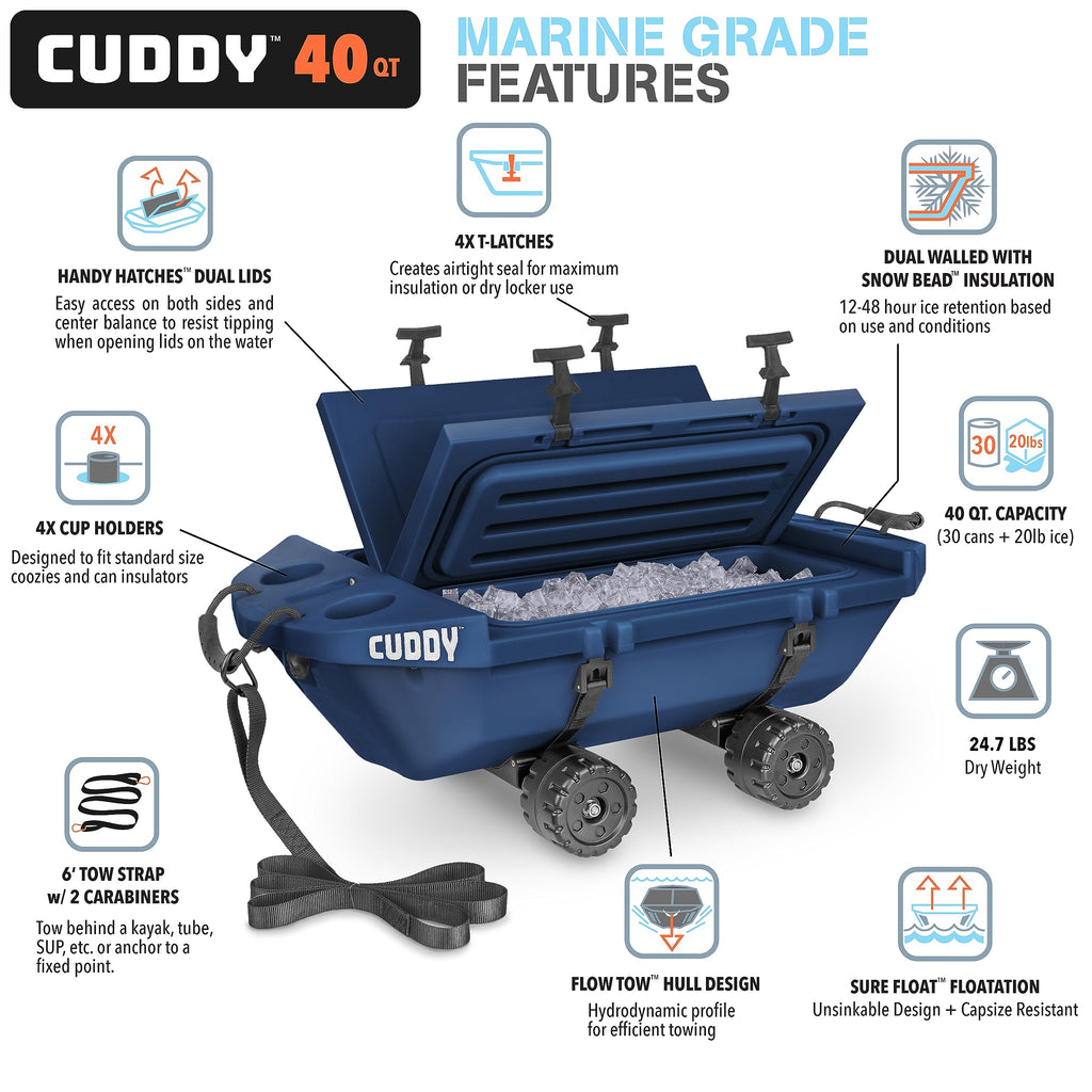 Cuddy Crawler Cooler with Wheels - 40 QT Amphibious Floating Cooler and Dry Storage Vessel - Navy