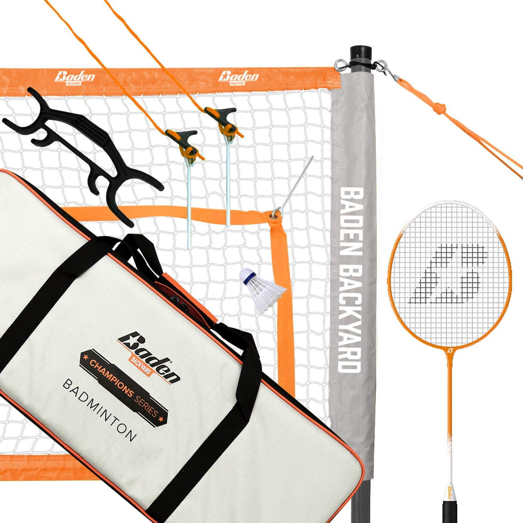 Baden Champions Portable Badminton Set | Regulation Net, 4 Racquets, 3 Shuttlecocks, Boundary & Carry Bag | Ideal For Backyard F
