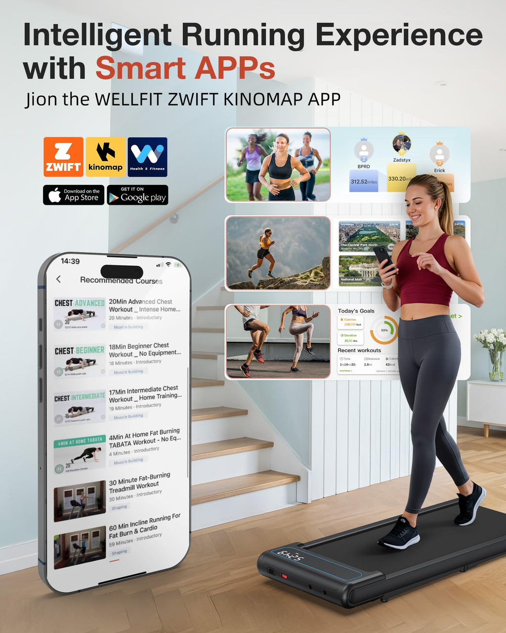 Wellfit 10% Incline Walking Pad, 2.5Hp 4Mph 265 Lb+ Capacity Treadmills For Home, Smart Treadmill With Mute Remote And App Contr
