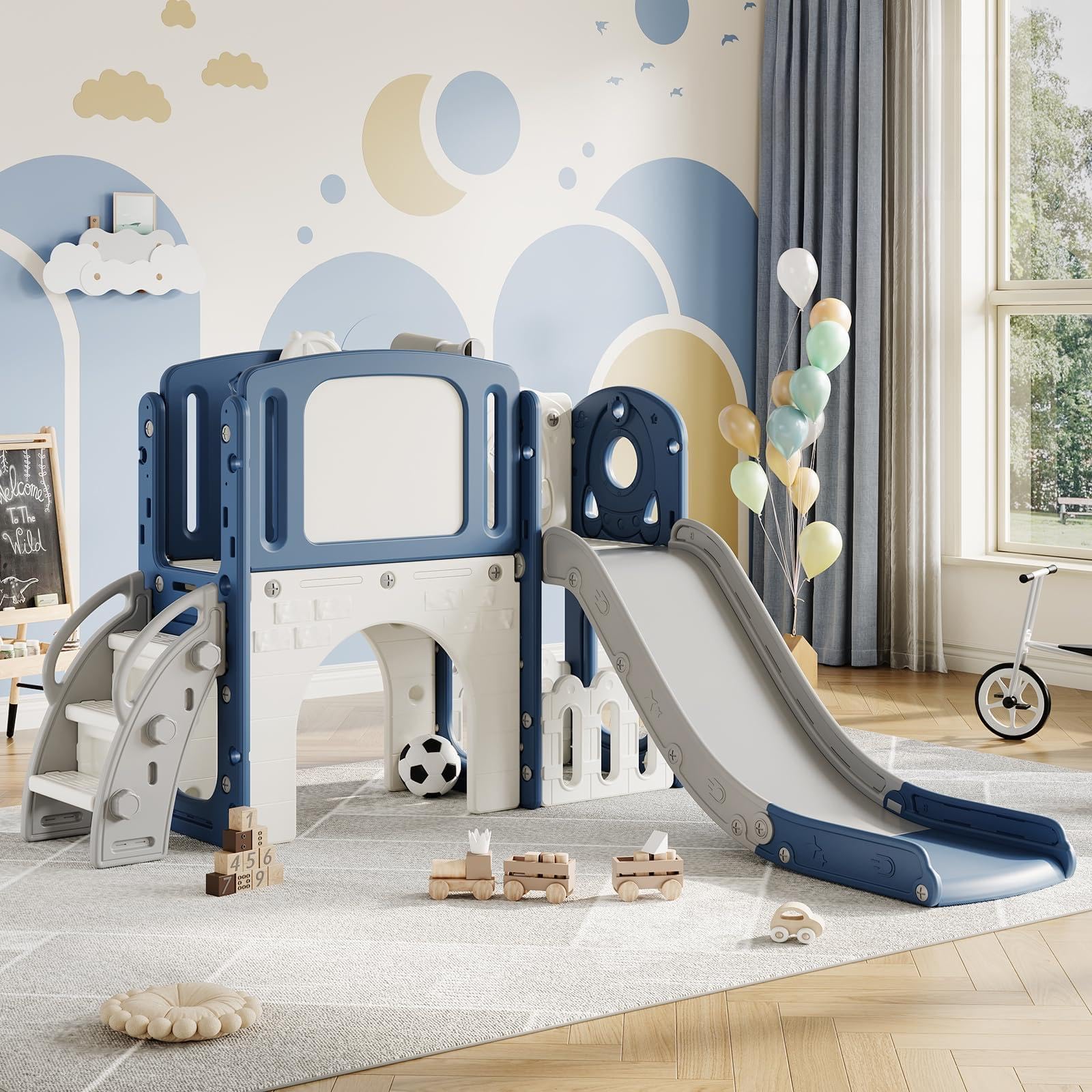 Garvee 8-in-1 Toddler Slide Indoor & Outdoor Playground Playset for Kids-Includes Climber, Basketball Hoop, Telescope, Tunnel, a