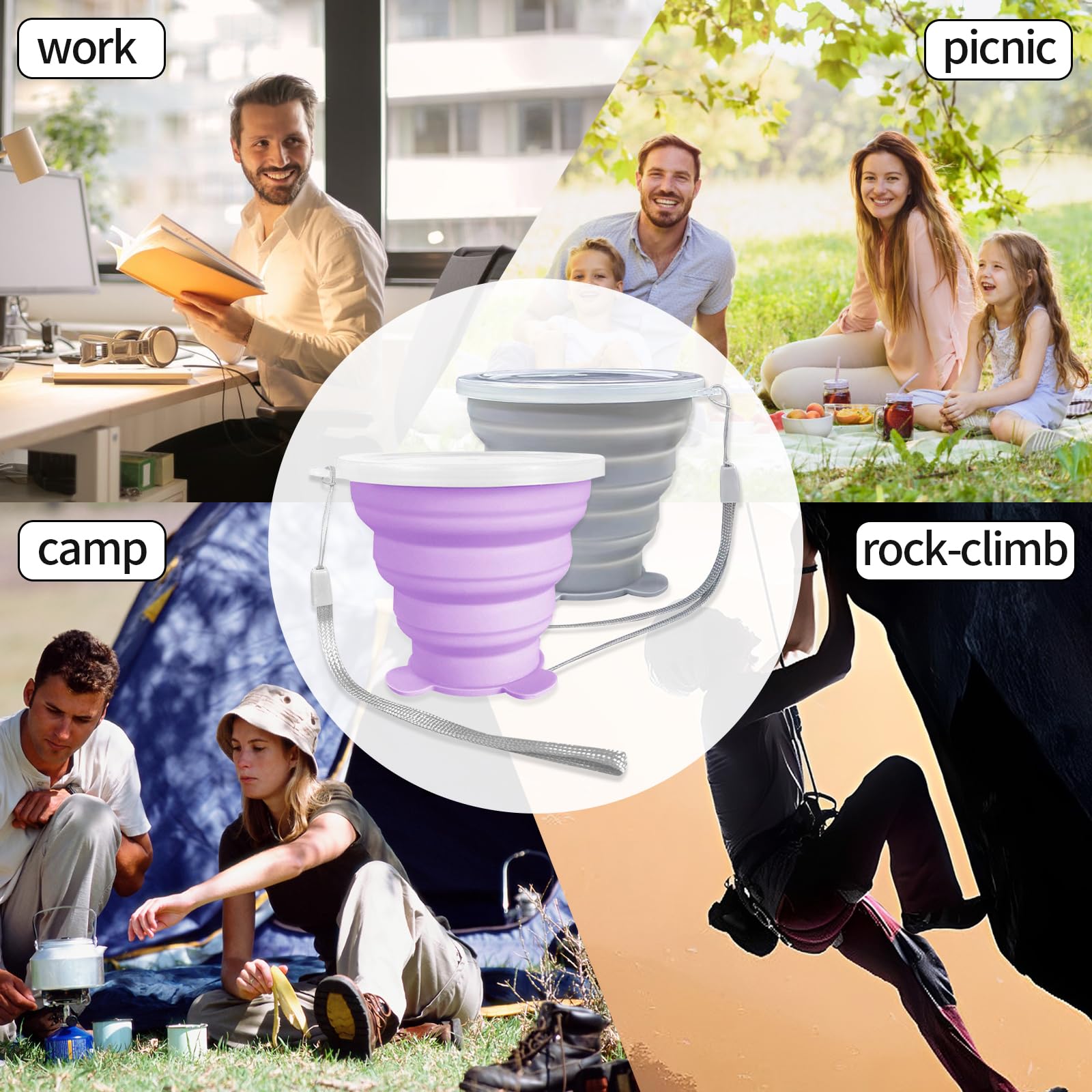Collapsible Cups, Silicone Collapsible Travel Cup, Expandable Folding Camping Drinking Cup With Lids Reusable Small Portable Mug