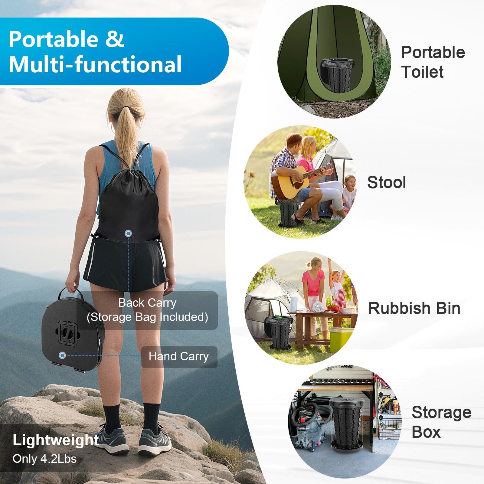 Upgrade Retractable Portable Toilet For Adults - 18.6H Adjustable Height Camping Tall Toilet, Xl Travel Folding Toilet With Lid