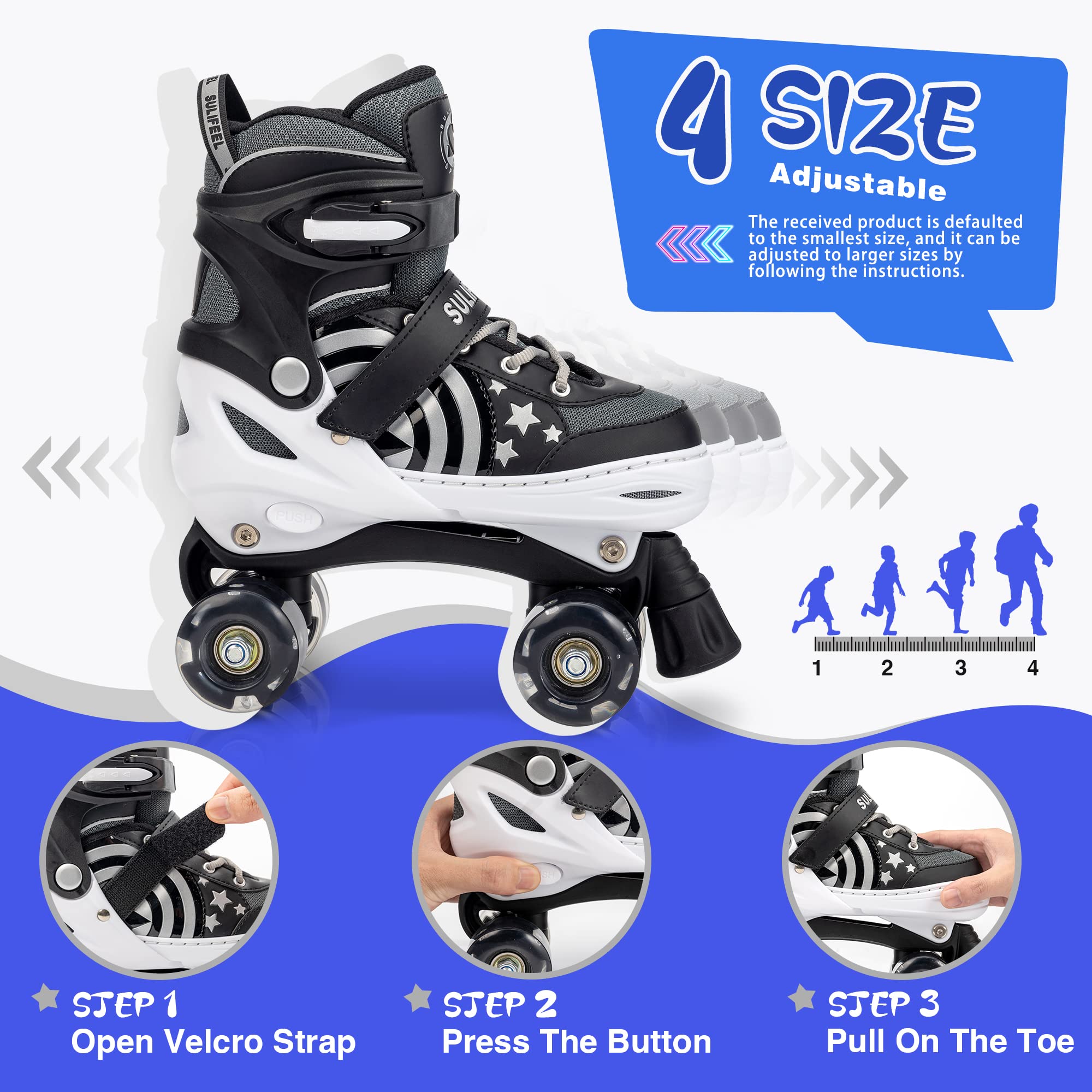 Sulifeel Rainbow Unicorn 4 Size Adjustable Light Up Roller Skates For Girls Boys For Kids (E Black, Small - Little Kid)