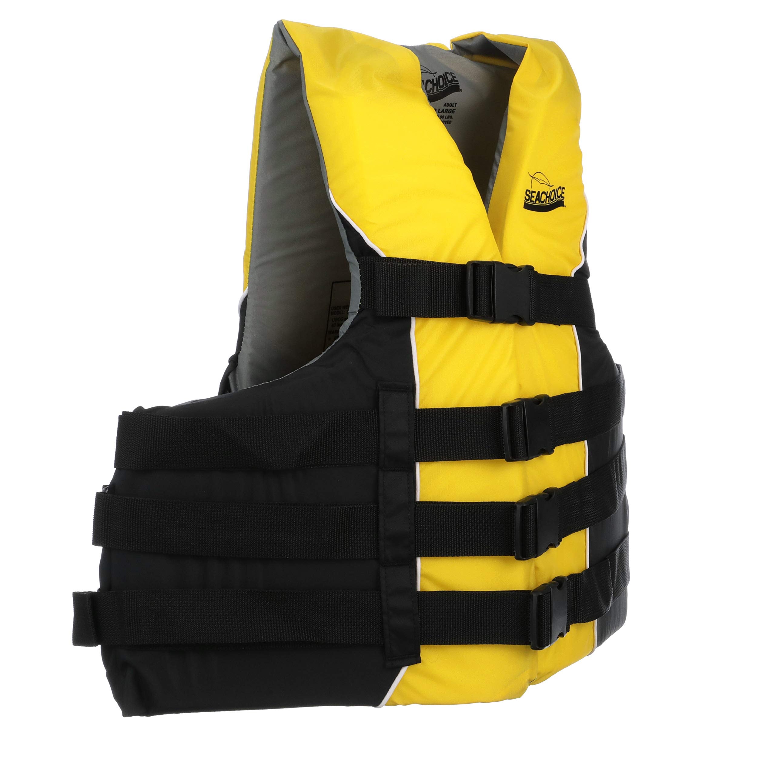 Seachoice Level 70 Life Jacket, Deluxe Adjustable 4-Belt Ski Vest, Yellow And Black, Size Xxl/Xxxl, 50-60 In. Chest