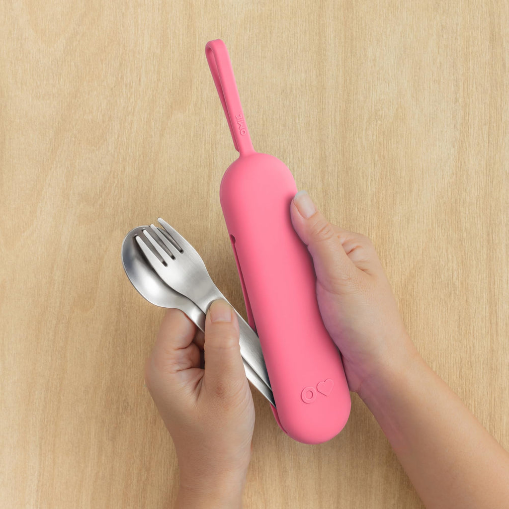 Omie OmieBox Travel Utensil Set | Fork and Spoon with Case for Easy Travel | Stainless Steel Fork and Spoon | Pink