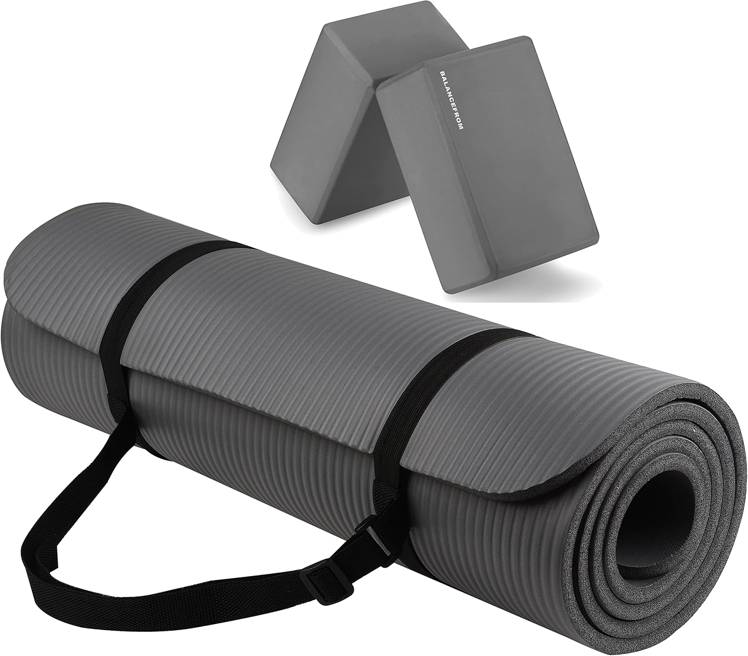 Fitvids ½ inch Thick High-Density Anti-Tear Yoga & Exercise Mat with Strap and Blocks – Gray
