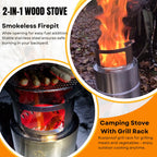 Bestargot Camping Wood Stove, Extra Large, Portable Smokeless Fire Pit, Stainless Steel, Windproof & Stackable Gas Burner For Ca