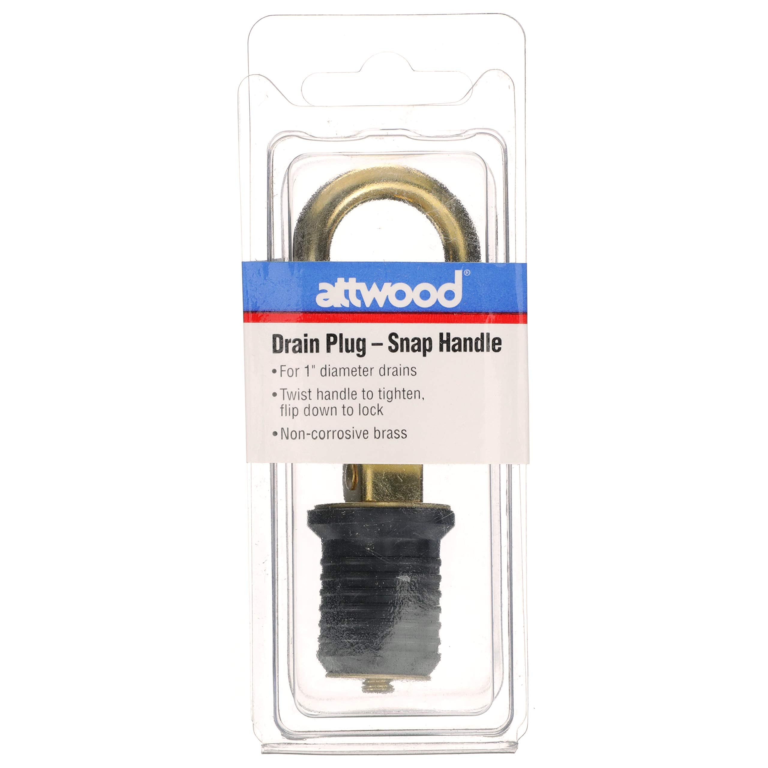 Attwood 7524A7 Snap-Handle Drain Plug, For 1-Inch-Diameter Drains, Locks In Place, Brass Handle, Rubber Plug