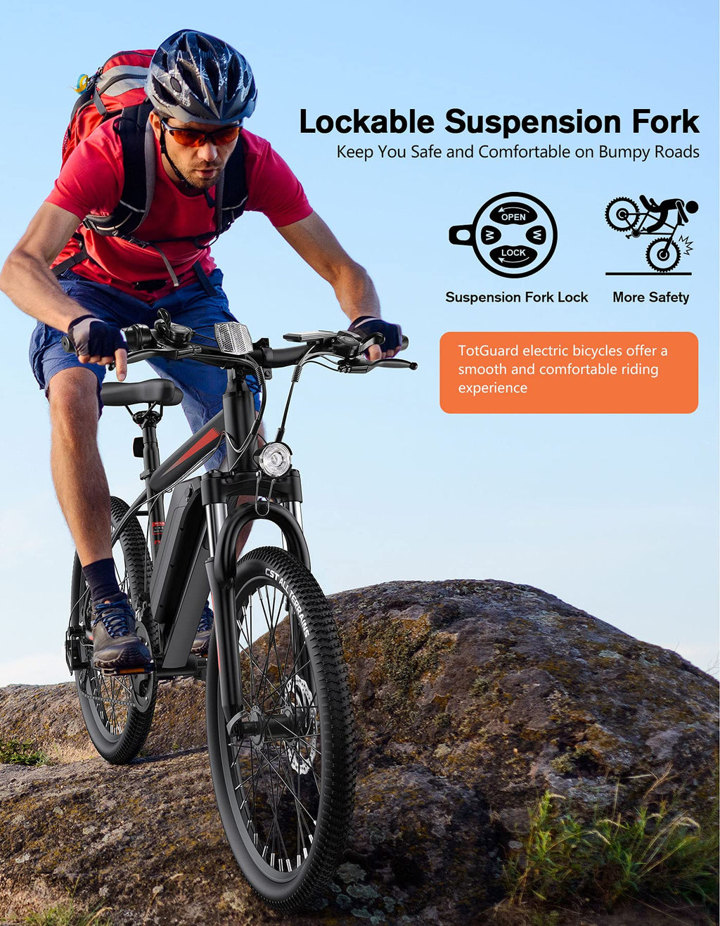 Totguard Electric Bike, Bike For Adults 26'' Ebike With 350W Motor, 19.8Mph Mountain Lockable Suspension Fork, Removable 36V/10.