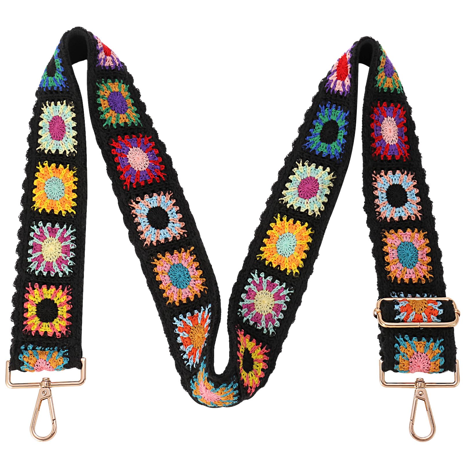 Greaciary Wide Purse Strap Crochet Flower Replacement Crossbody For Handbag, Black Floral, Medium