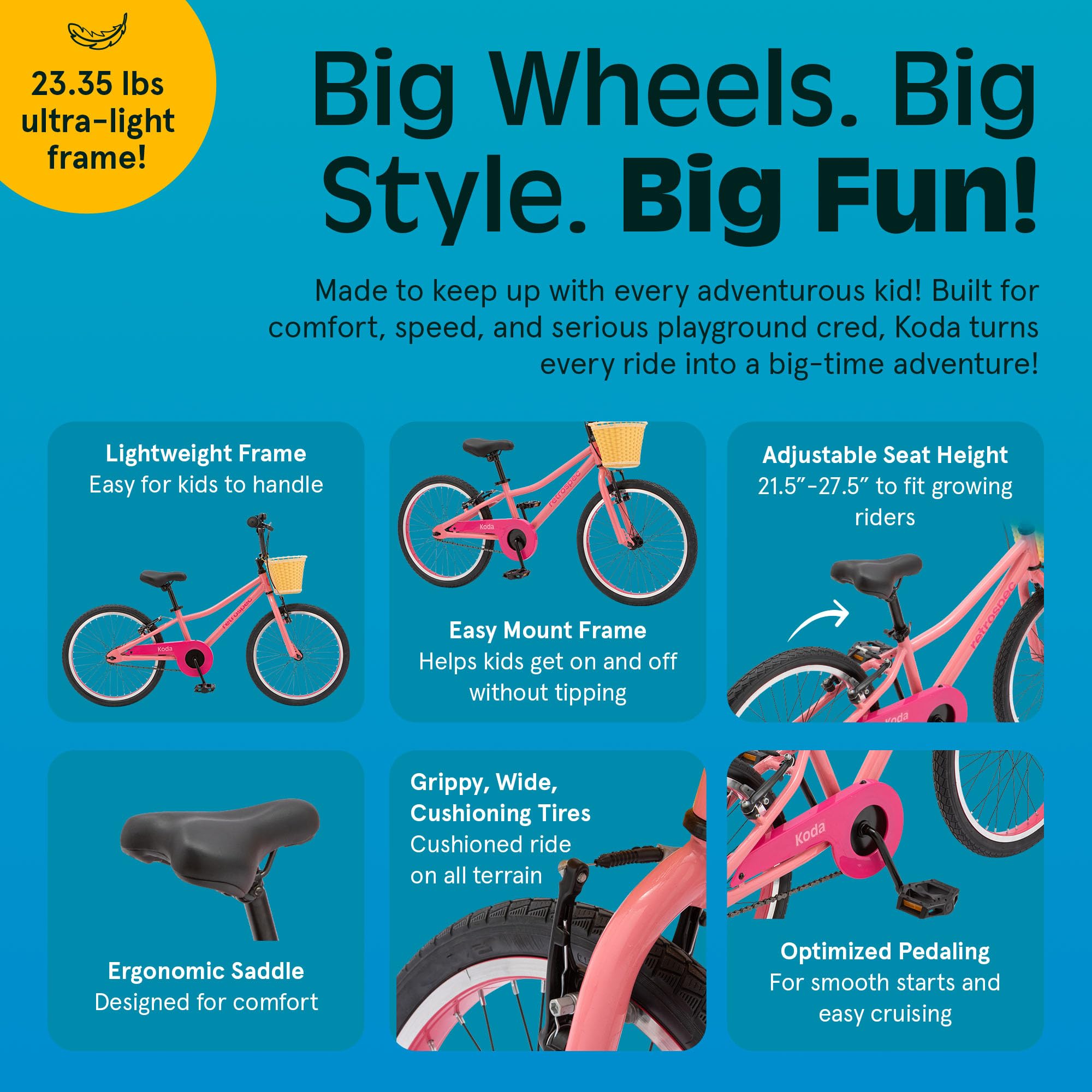 Retrospec Koda 20in Kids Bike with Adjustable Seat & Handlebars - Lightweight Boys & Girls Bicycle with v-Brakes, Wide Tires & S