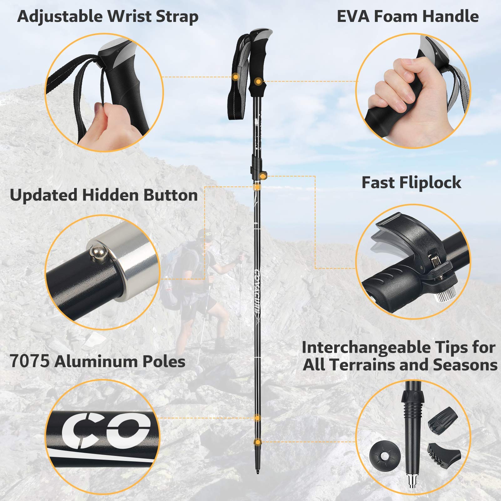 Trekking Poles Collapsible Hiking Poles - Auminum Alloy 7075 Trekking Sticks, Antishock And Quick Lock System, Telescopic, Colla