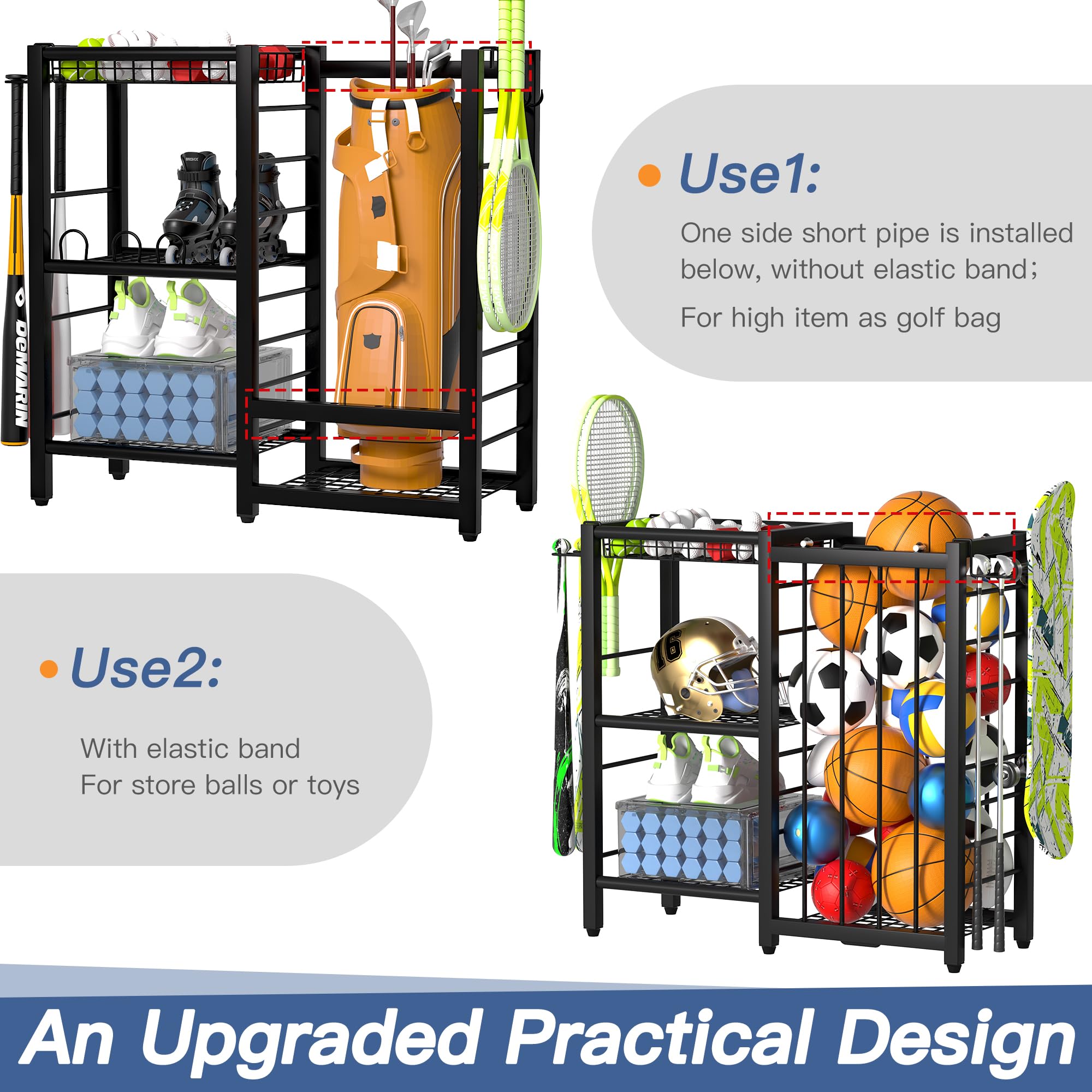 Famidge Sports Equipment Organizer, Ball Storage Rack With Elastic Straps, Garage Sports Organizer Storage Cart With Hooks, Bask