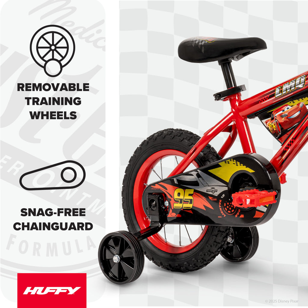 Huffy Disney Pixar Cars 12 Inch Kids Bike, Ideal for Ages 3-5 Years Old, Training Wheels Included, EZ Build Assembly, Fun and P