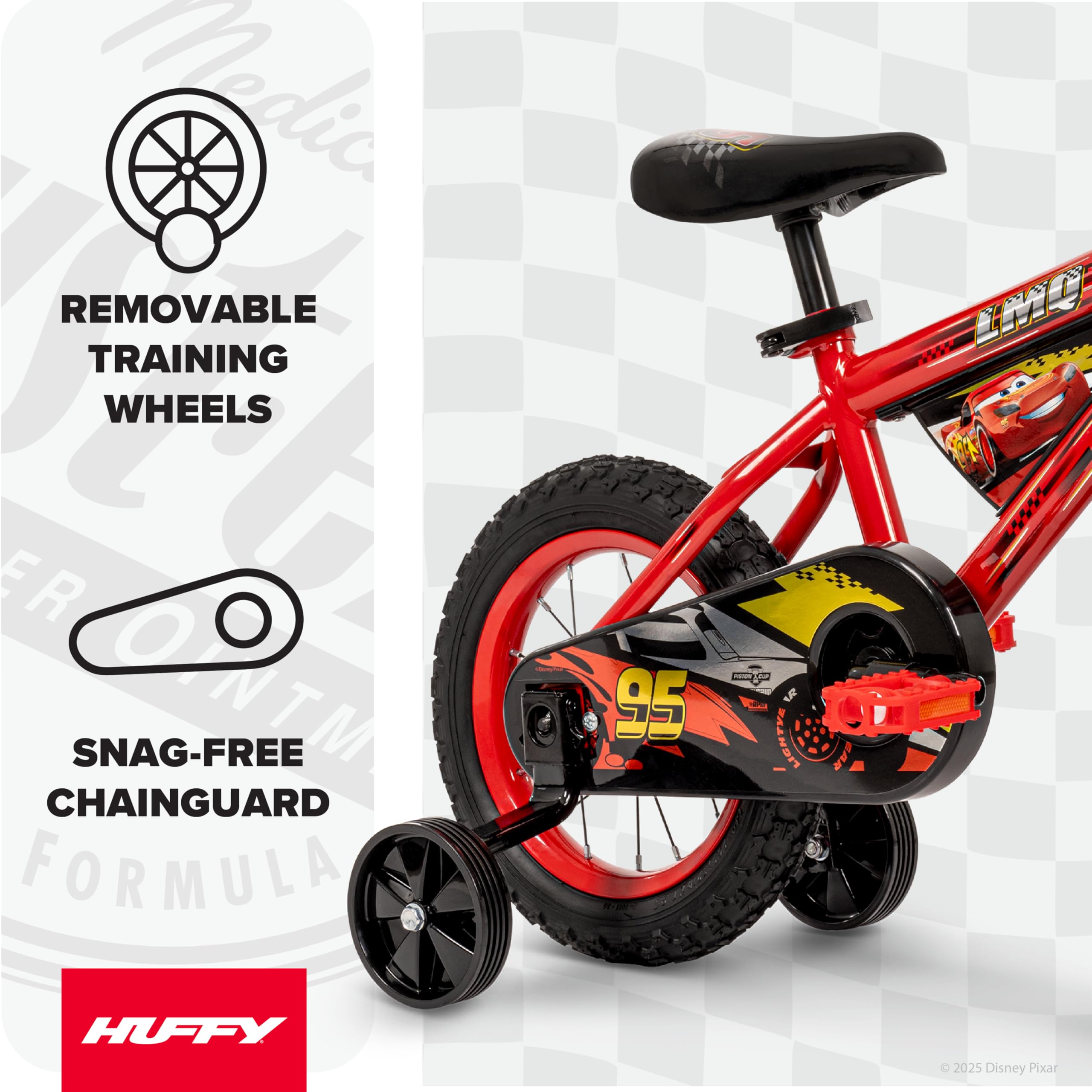 Huffy Disney Pixar Cars 12 Inch Kids Bike, Ideal for Ages 3-5 Years Old, Training Wheels Included, EZ Build Assembly, Fun and P