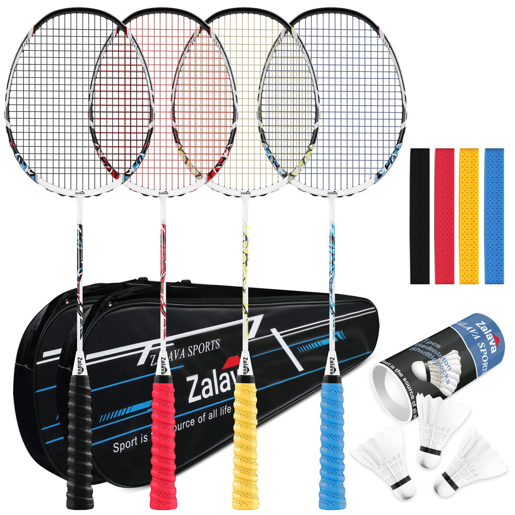 Professional Badminton Rackets Lightweight Badminton Racquets Set, Zalava Badminton Set 4 Pack,Carbon Fiber, 3 Shuttlecocks, 2 P