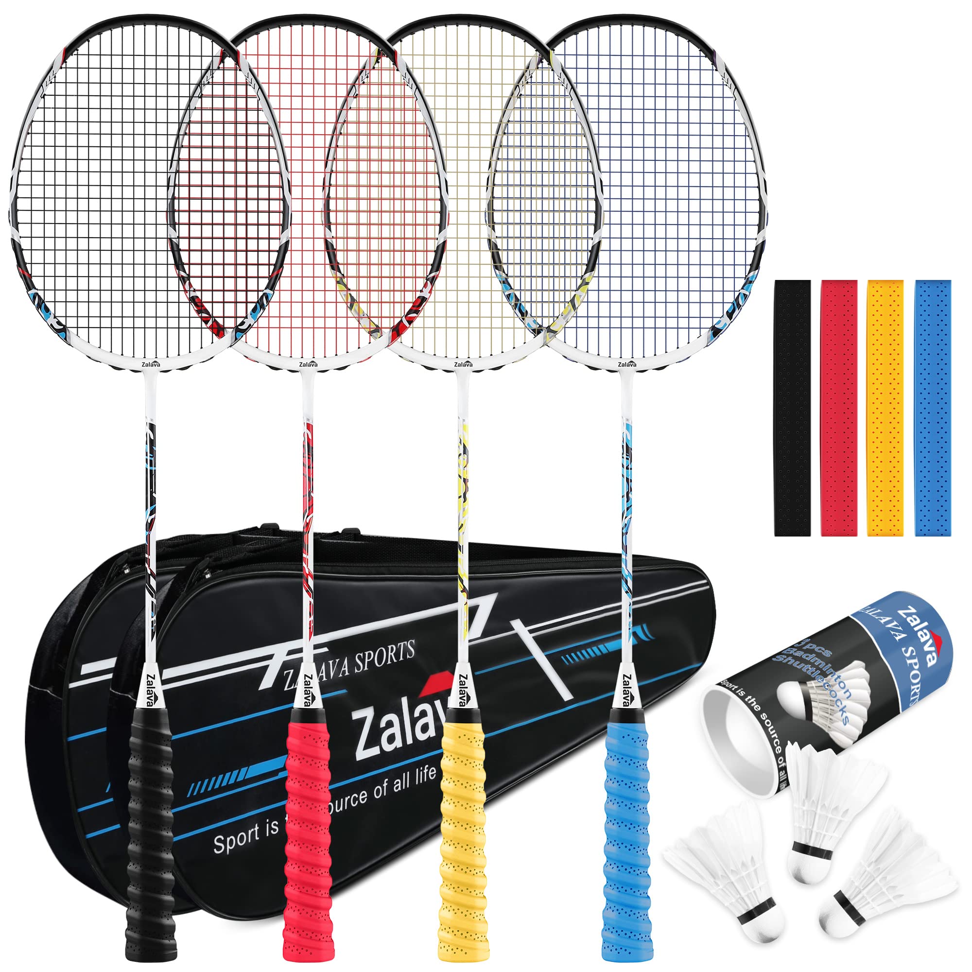 Professional Badminton Rackets Lightweight Badminton Racquets Set, Zalava Badminton Set 4 Pack,Carbon Fiber, 3 Shuttlecocks, 2 P