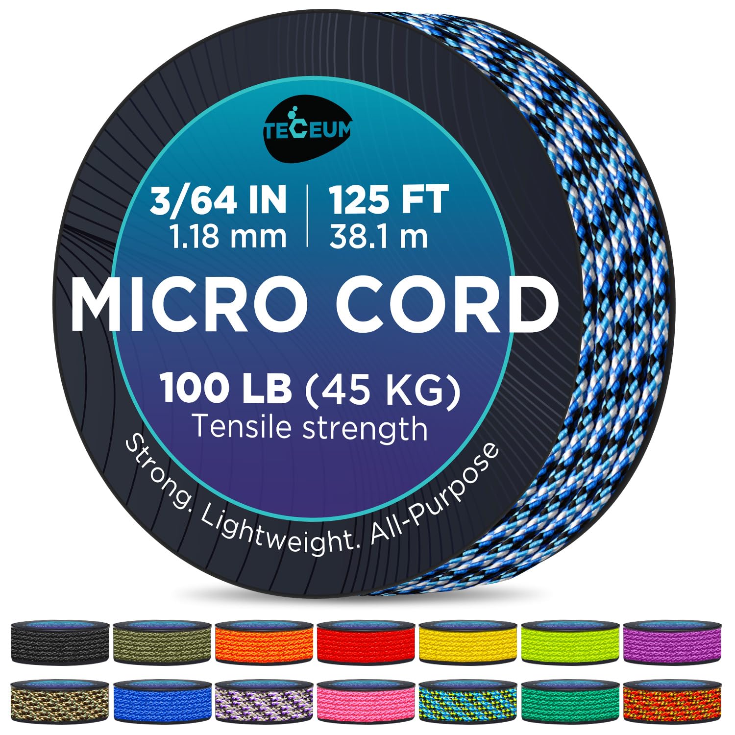 Teceum Micro Paracord - Blue Snake - 1.18 Mm X 125 Ft - Micro Utility Cord - Thin Braided Paracord Rope Nylon Polyester - Wind C