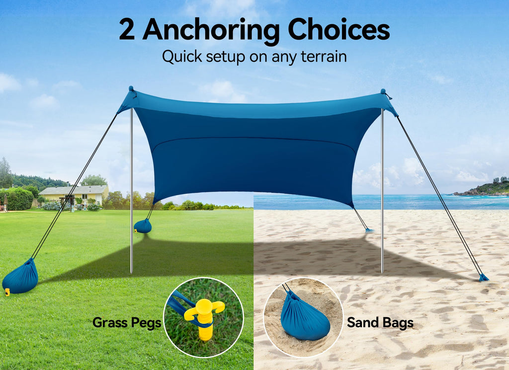 Beach Tent, Camping Sun Shelter 10 X 10Ft, With 4 Sandbags, Upf50+, Includes Sand Shovel, Ground Pegs & Stability Poles, Pop Up