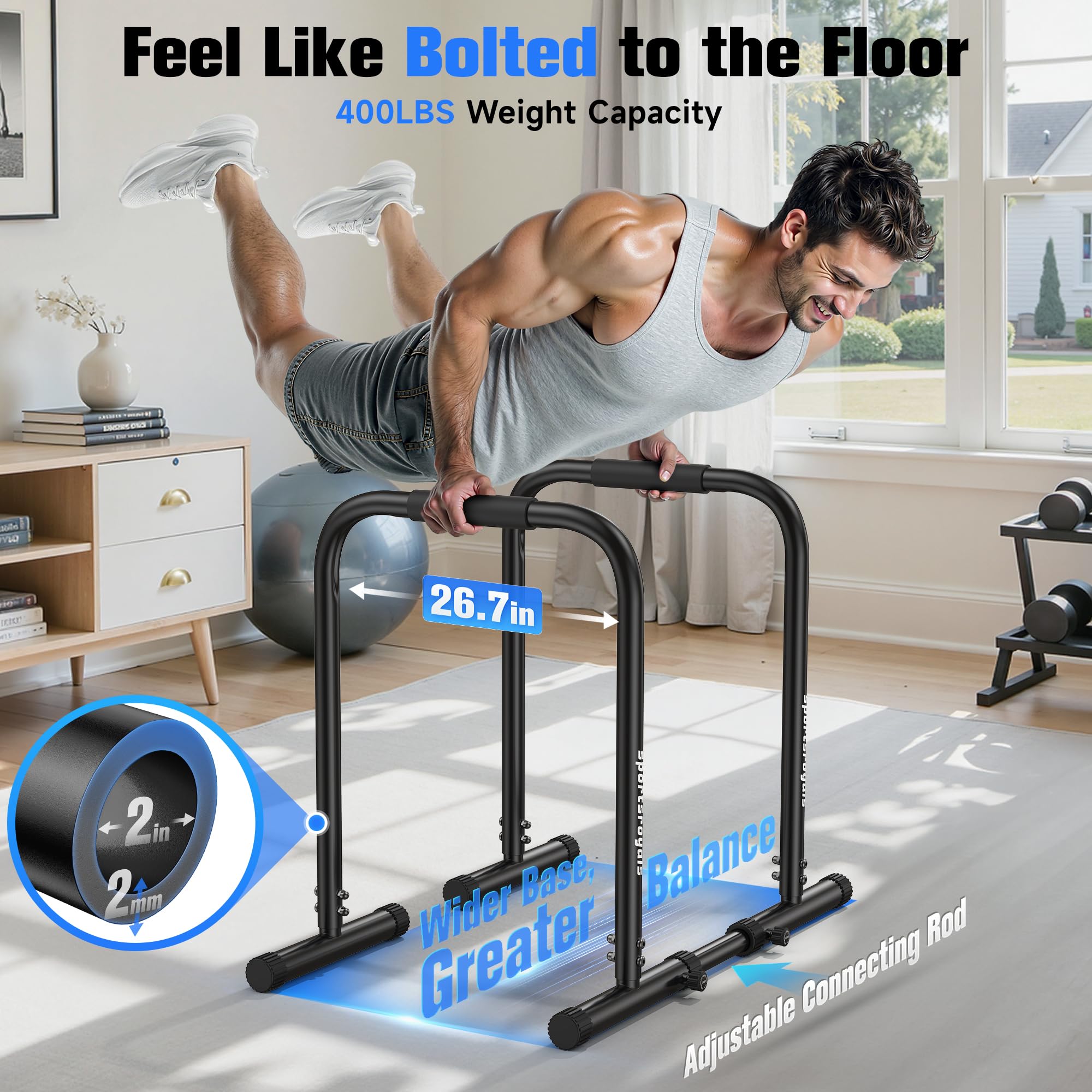 Sportsroyals Adjustable Dip Bar Station, Heavy Duty Parallette & Parallel Bars, 400LBS Stable Dip Stands for Home Gym, Calisthen
