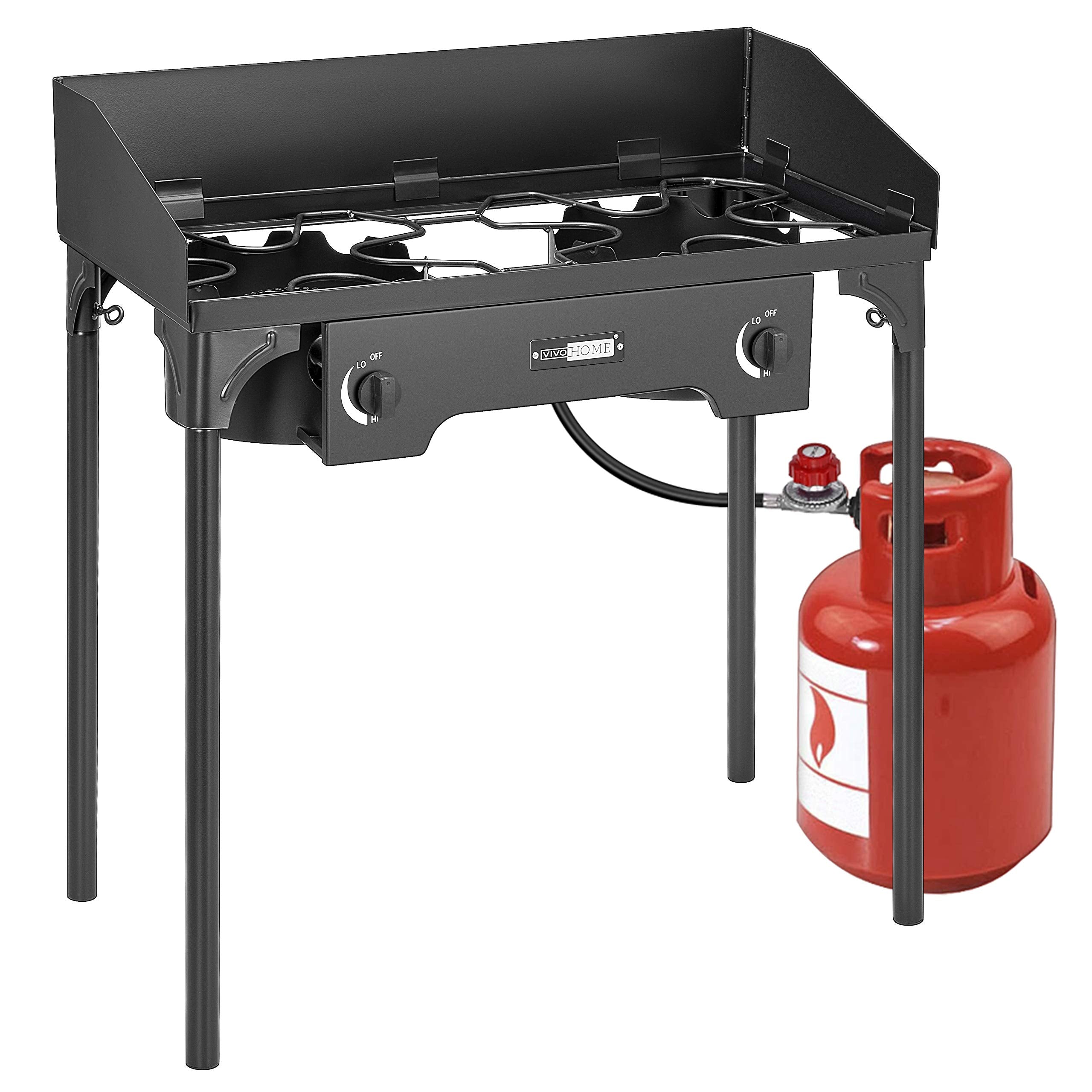 VIVOHOME 150,000 BTU Double Burner Propane Stove, Heavy-Duty Outdoor Portable Camp Stove with Windscreen & Detachable Legs for C