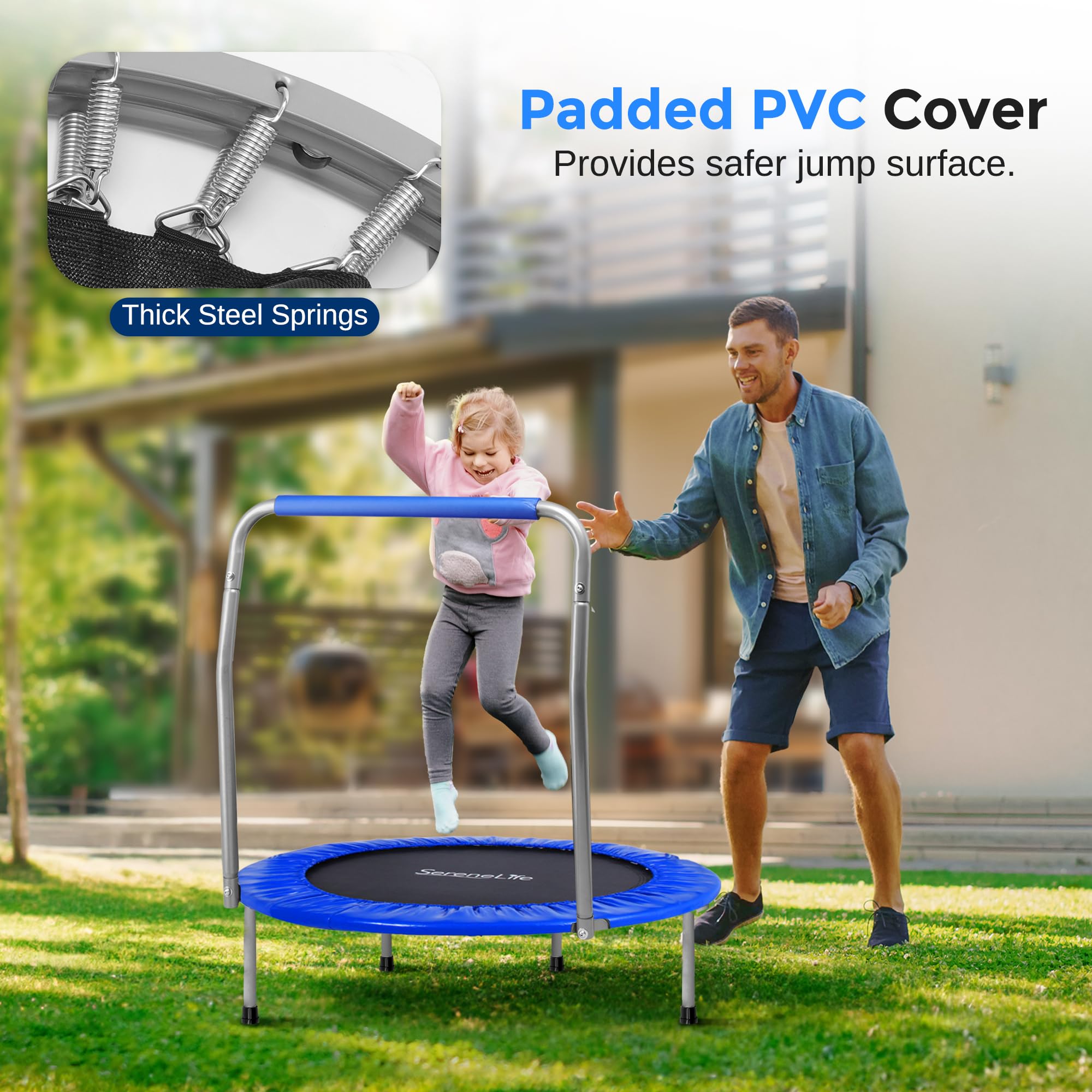 SereneLife 36 Mini Foldable Toddler Trampoline with Handle Bar, Rebounder Trampoline for Kids, Indoor/Garden Fitness & Play, Exe