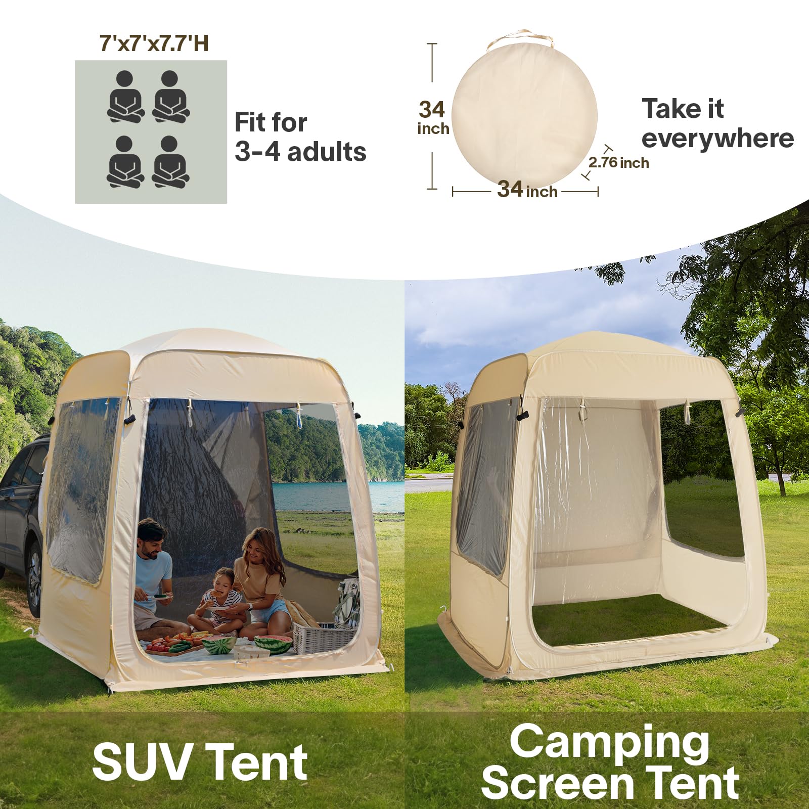 Alvantor Pop Up Screen House, 4 In 1 Outdoor Camping Tent,7'X7' Screen Room With Mosquito Netting &Waterproof Pvc, Suv Tent With