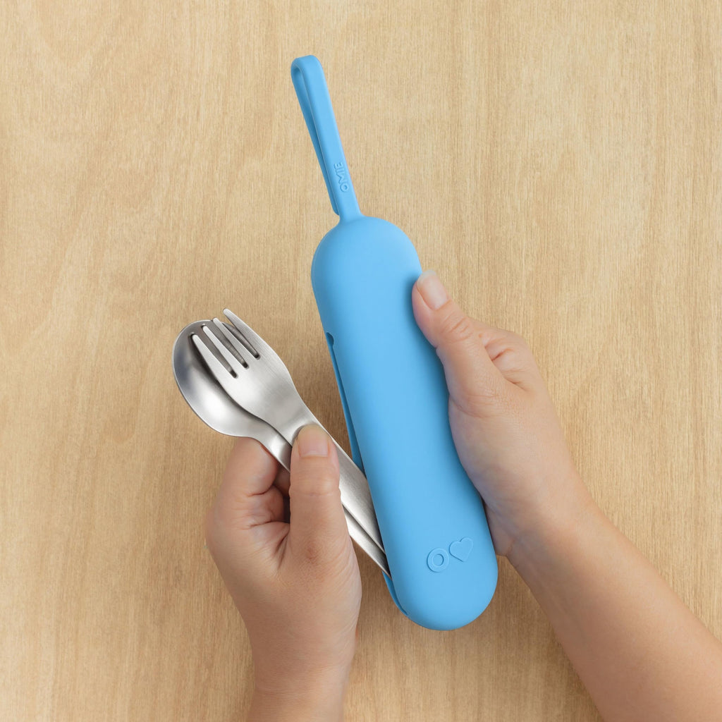 Omie OmieBox Travel Utensil Set | Fork and Spoon with Case for Easy Travel | Stainless Steel Fork and Spoon (Blue)