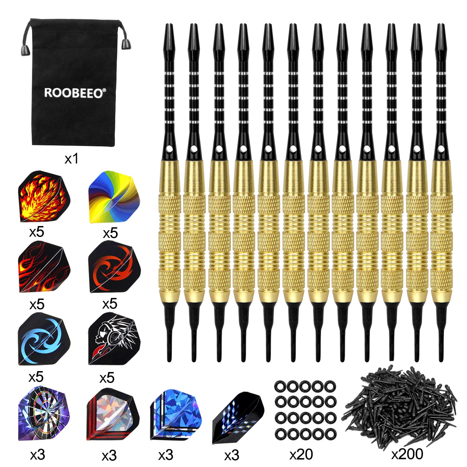 Roobeeo Soft Tip Darts 12 Pcs 18G Plastic Tip Darts Set With Brass Steel Barrels&Aluminum Shafts,200 Extra Dart Tips 42 Dart Fli