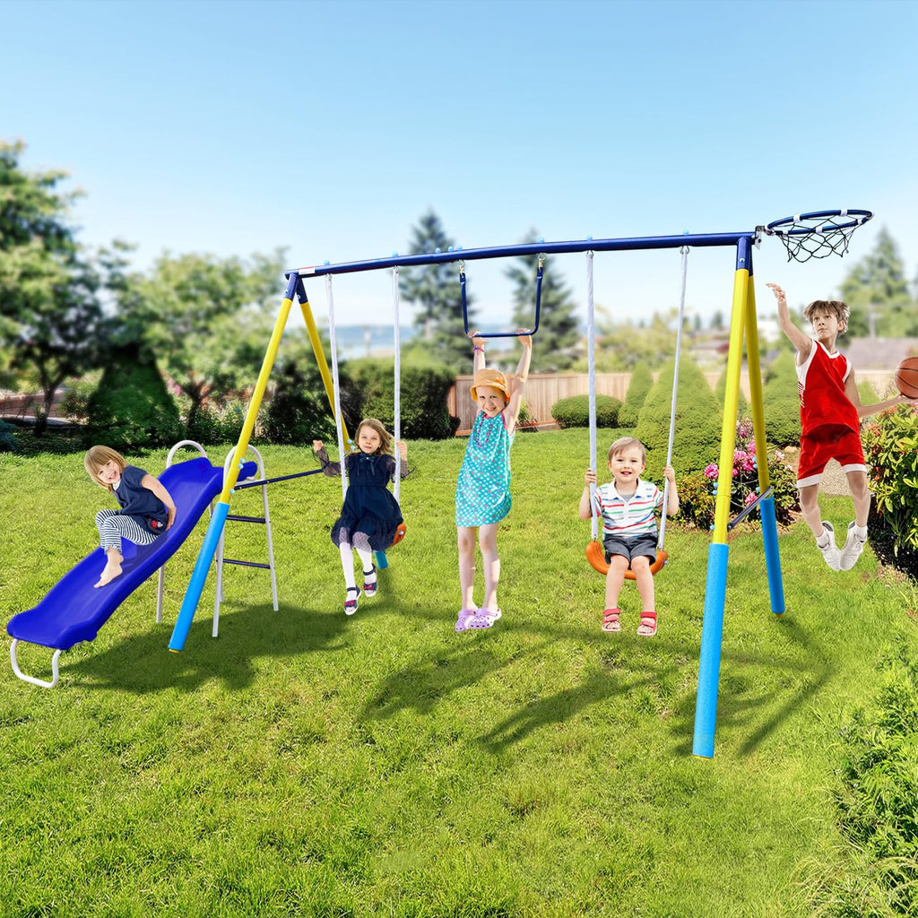 4-In-1 Heavy Duty Swing Set For Backyard - Large Metal Frame With Saucer Swings, Sandbox, Basketball Hoop & Single Swing Seat |
