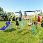4-In-1 Heavy Duty Swing Set For Backyard - Large Metal Frame With Saucer Swings, Sandbox, Basketball Hoop & Single Swing Seat |