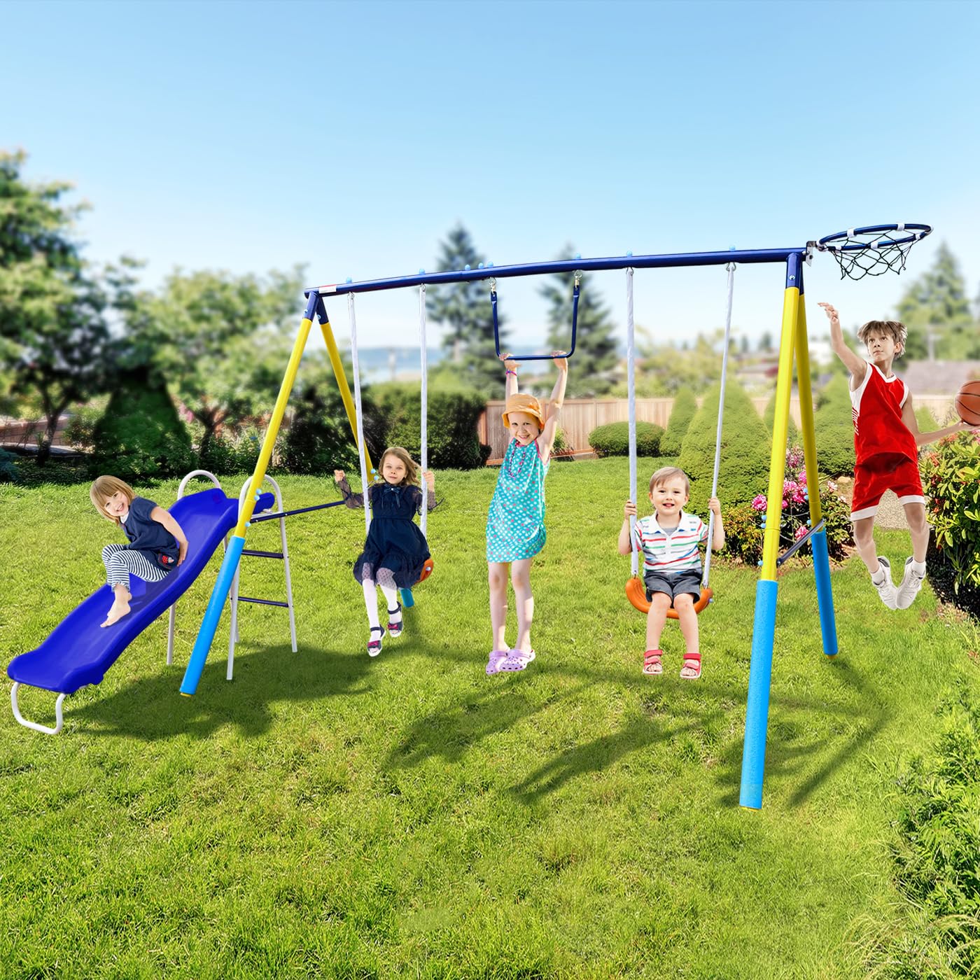 4-In-1 Heavy Duty Swing Set For Backyard - Large Metal Frame With Saucer Swings, Sandbox, Basketball Hoop & Single Swing Seat |