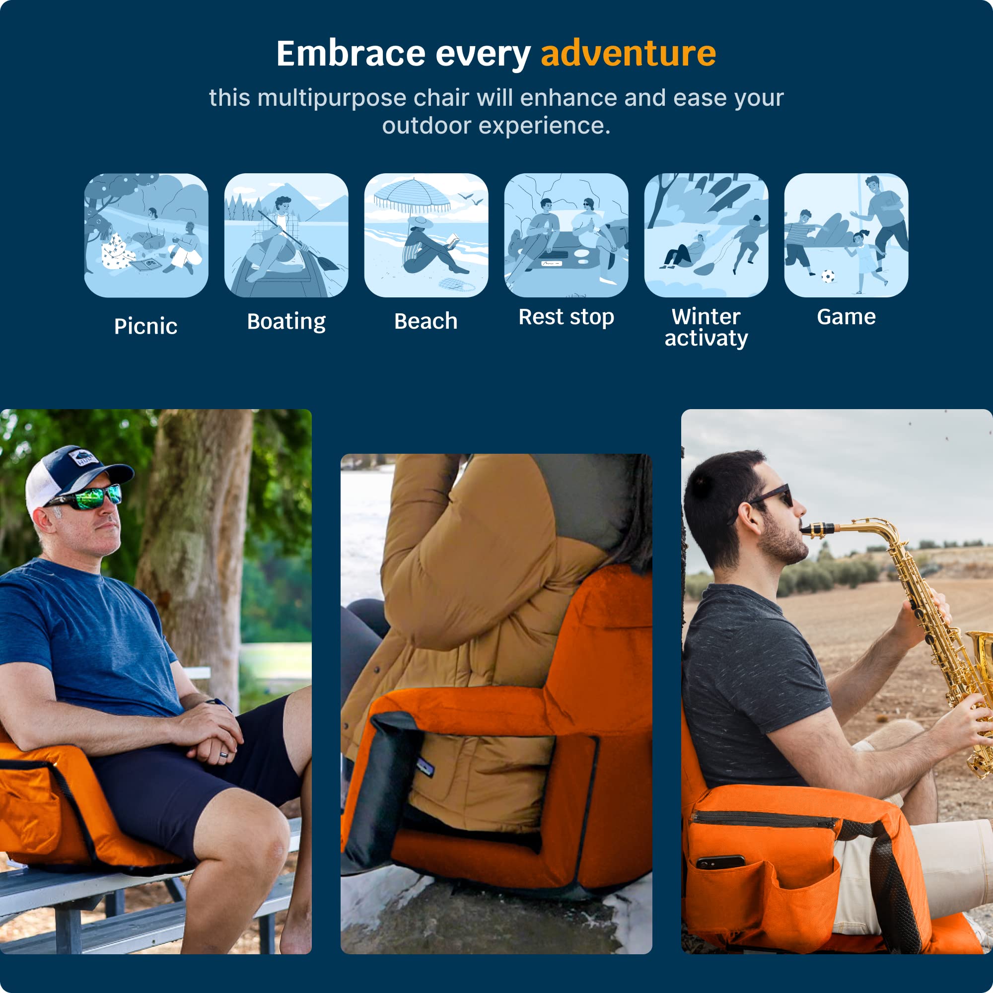 Reclining Stadium Seats For Bleachers With Back Support - Wide Bleacher Chair Cushion, Armrests, Large Pockets, And Multiple Saf