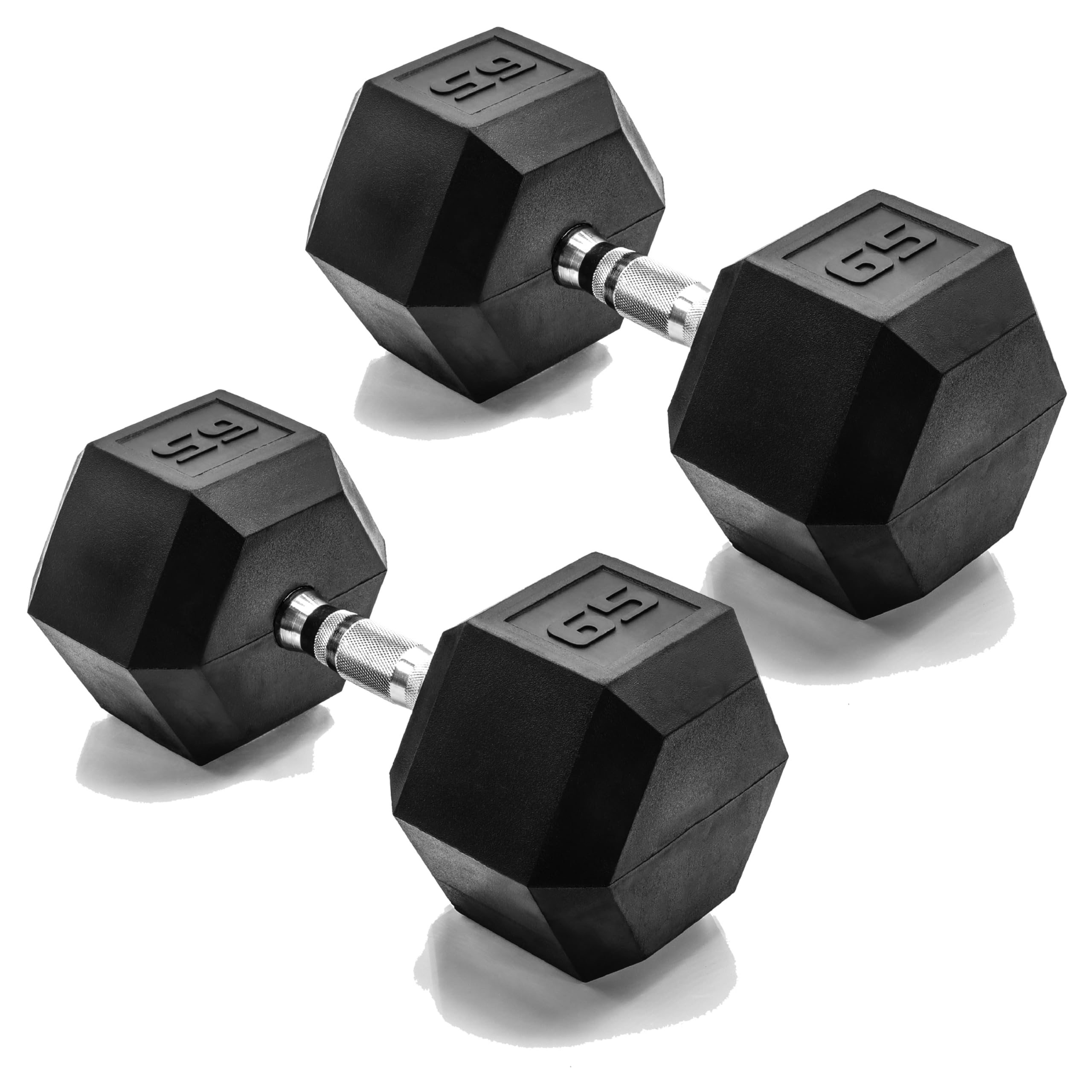 CAP Barbell 65 LB Rubber Coated Hex Dumbbell Hand Weight - Pair | Chrome Handle