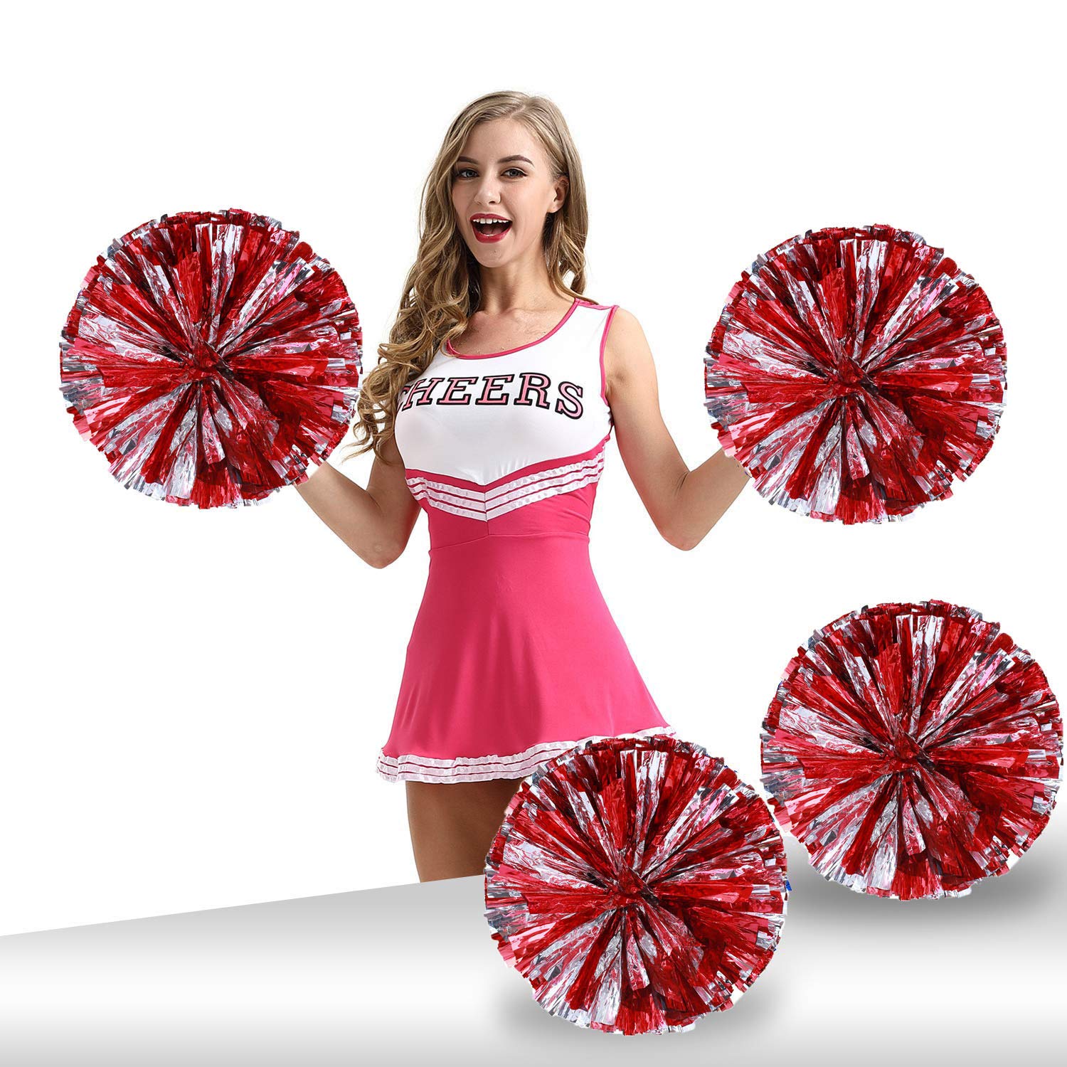 Pack Of 4 Cheerleading Pom Poms Foil Plastic Metallic Cheerleader Pom Poms For Cheer Sport Kids Adults Team Spirit Cheering (Red