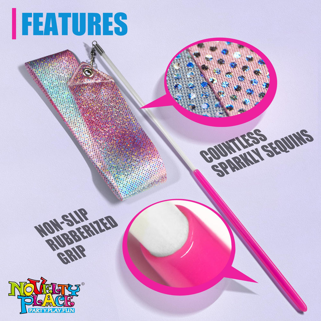 Novelty Place 2 Pcs Sparkling Dance Ribbons Streamers, 6.6Ft Shiny Colors Kids Gymnastics Ribbon Wands - Perfect Rhythm Sticks F