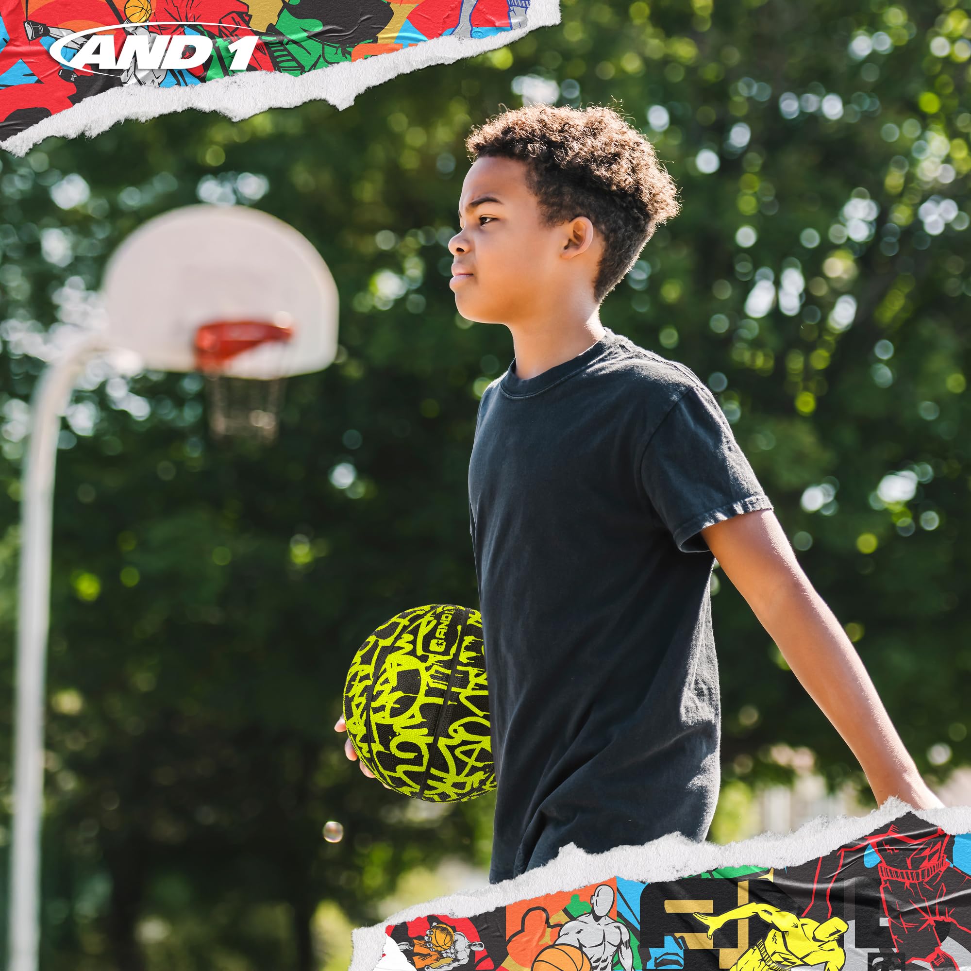 AND1 Fantom Graffiti Rubber Basketball Game Ready, 27.5 Inches, Youth Size 5, Made for Indoor and Outdoor, Sold Deflated (Pump N