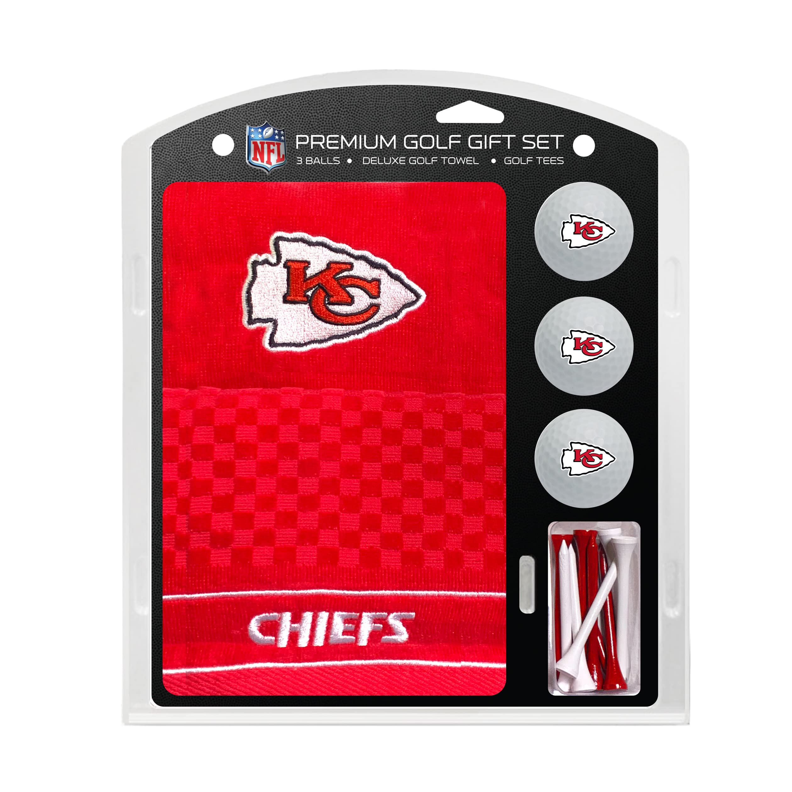Team Golf NFL Kansas City Chiefs Embroidered Golf Towel, 3 Golf Ball, and Golf Tee Set Gift Set Embroidered Golf Towel, 3 Golf B