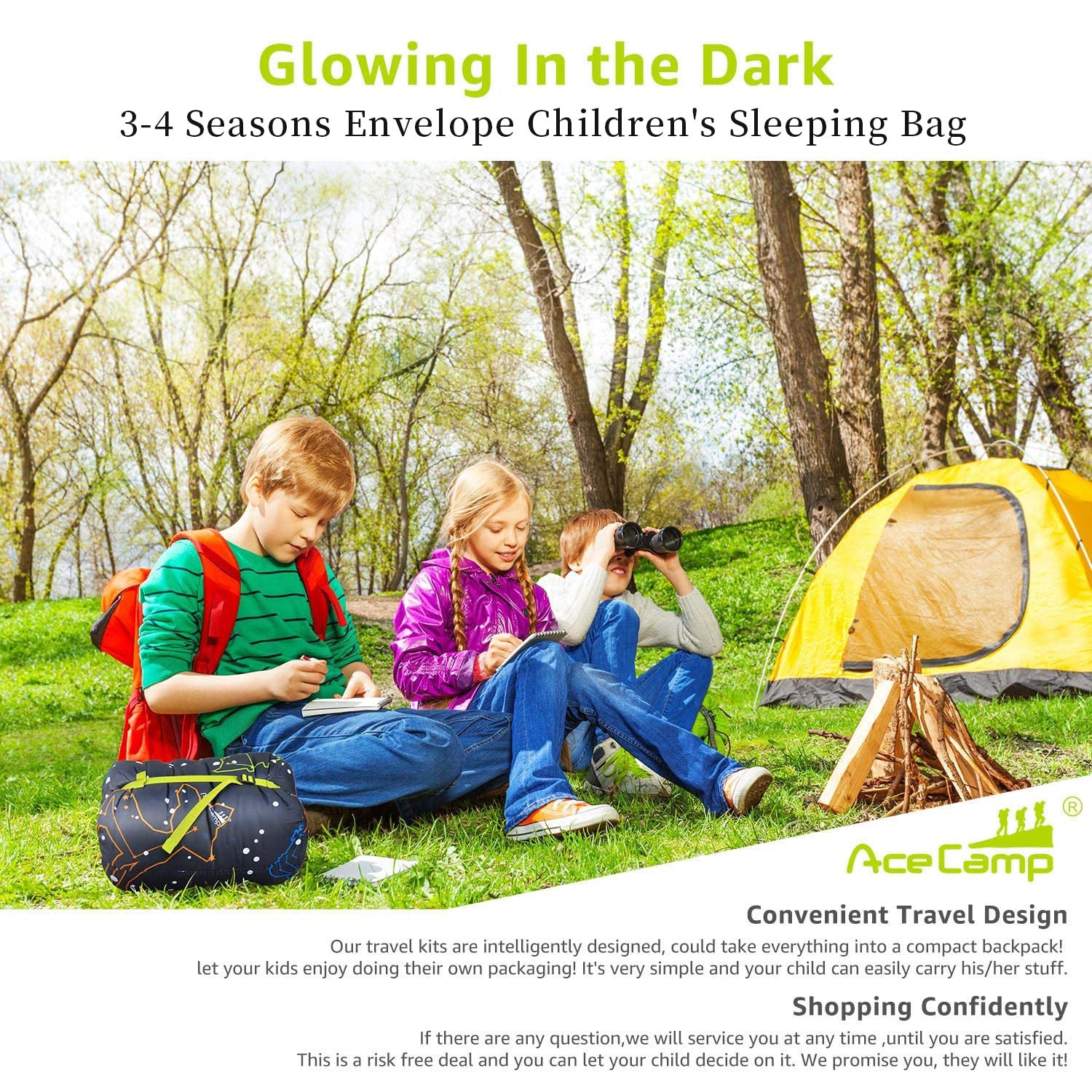 Acecamp 3 Seaons Sleeping Bags For Youth Boys And Girls, Lightweight Glowing In The Dark, Perfect For Slumber Parties, Camping A