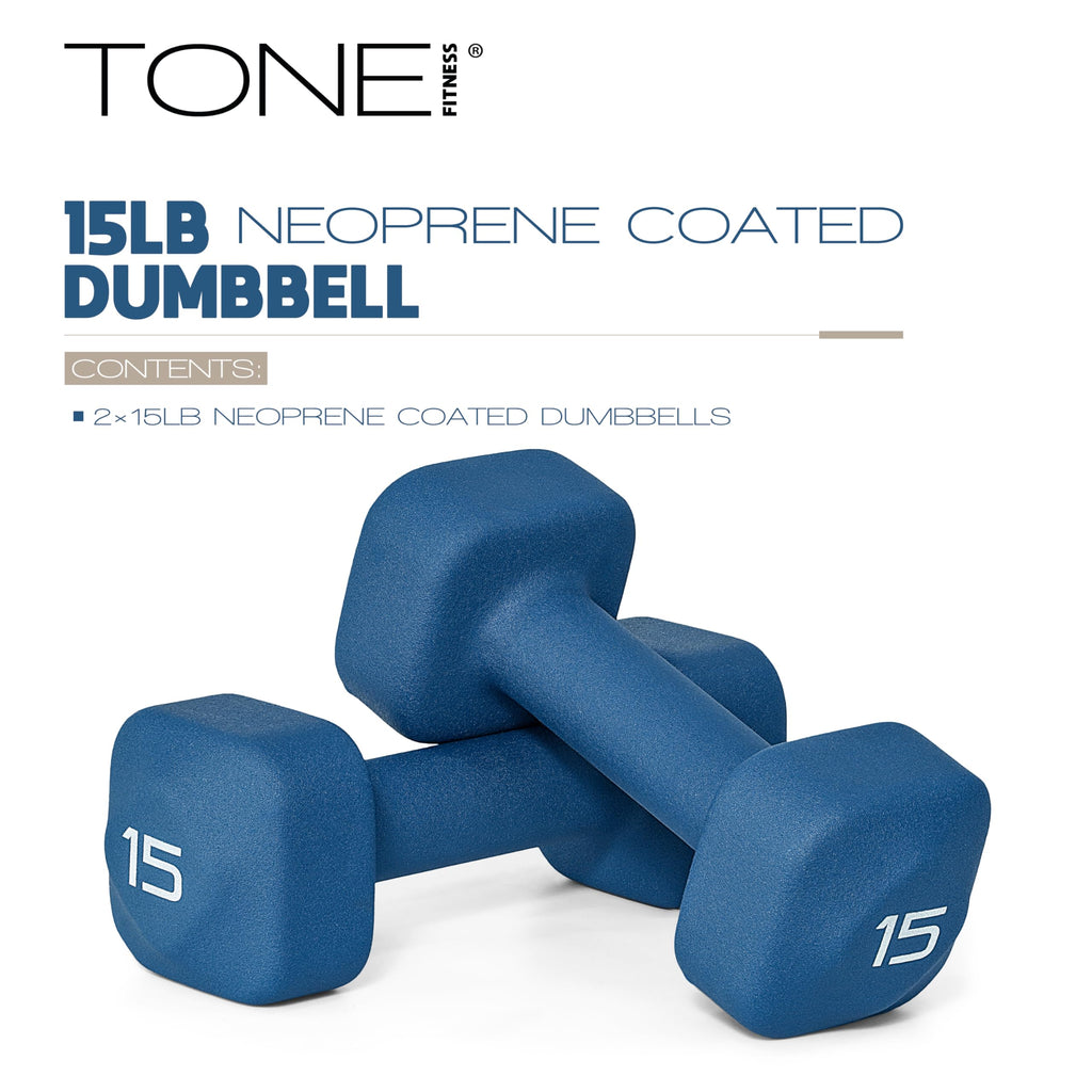 Tone Fitness 15 lb Neoprene Dumbbell Pair for Home Workouts - Non-Slip Design - Blue