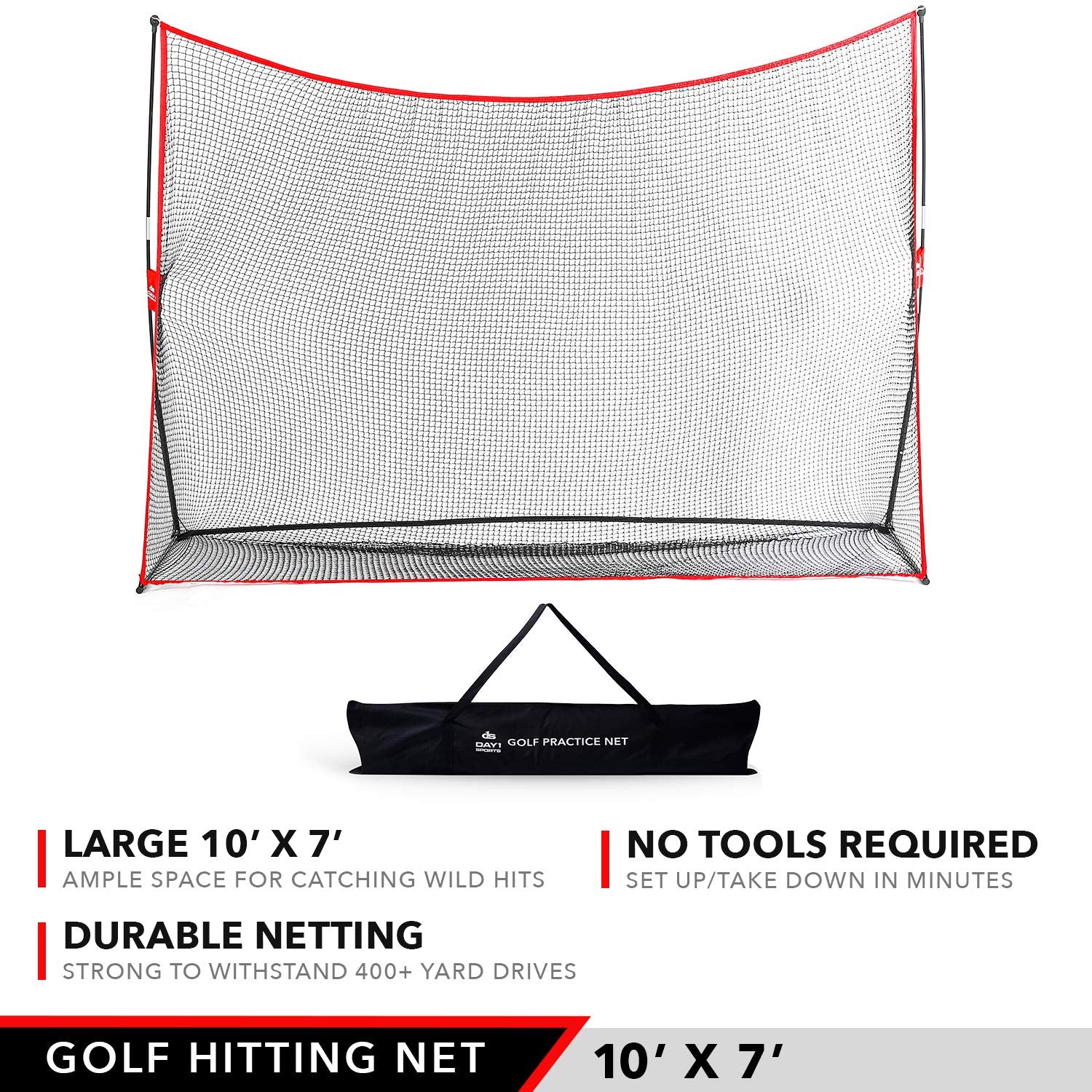 Practice Golf Hitting Net By Day 1 Sports - Large 10X 7- Portable Carry Bag - Indoor Or Outdoor Use - Quick And Easy Assembly -