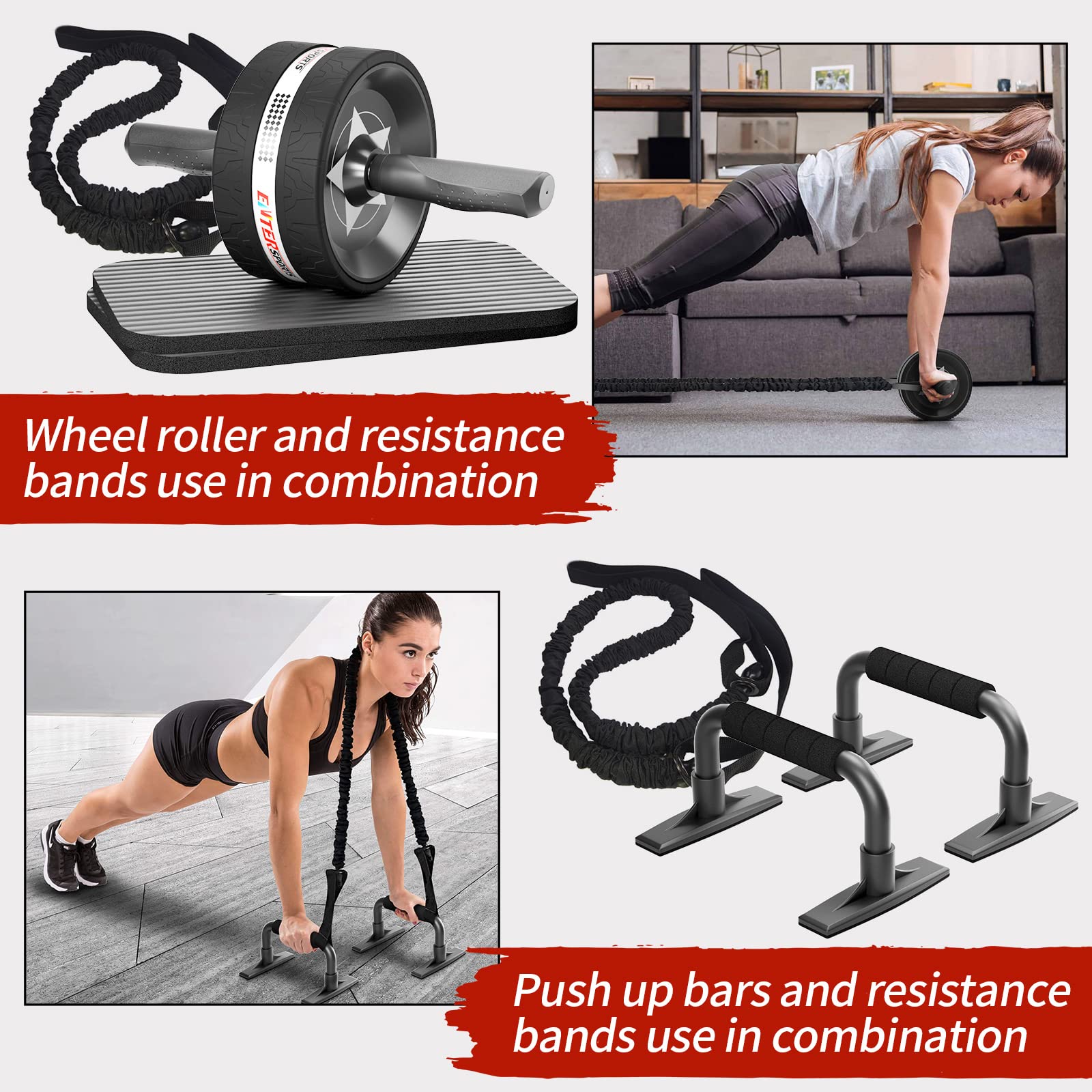 Entersports Abs Roller Wheel Kit, Exercise Wheel Core Strength Training Abdominal Roller Set With Push Up Bars, Resistance Bands