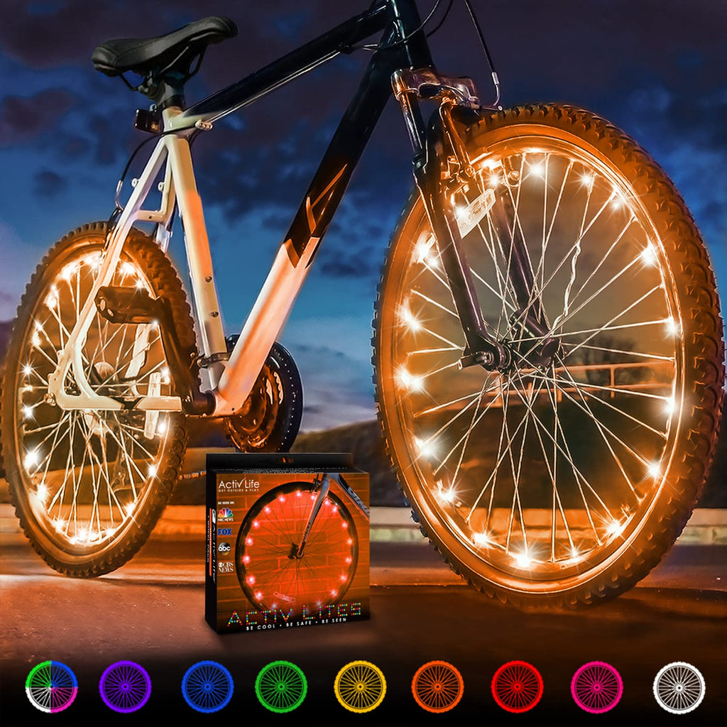 Activ Life Bike Wheel Lights - 2-Pack, Orange - Led Spoke & Tire Clip-On With Silicone Mount - 360 Visibility & Flashing Mode Fo